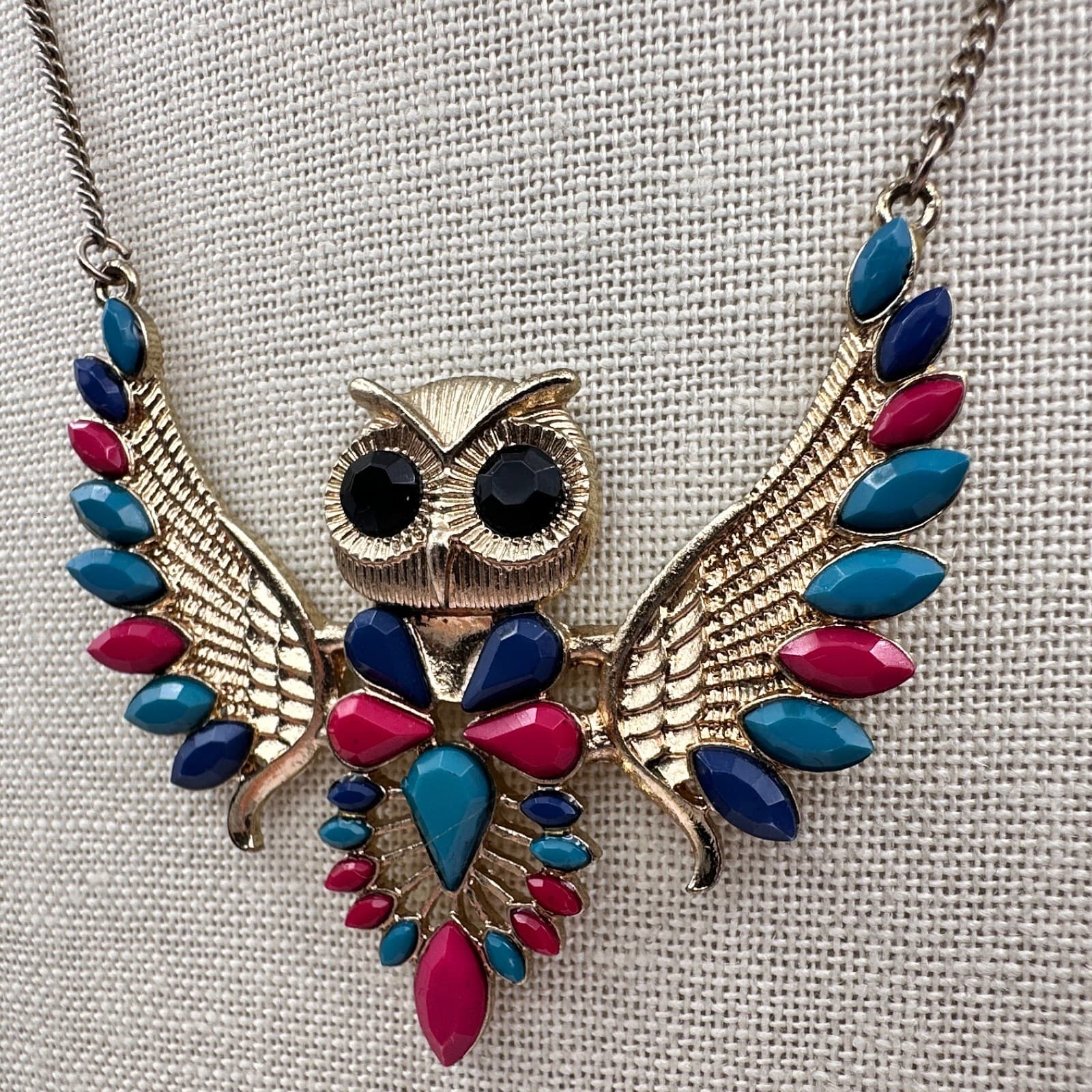 Vintage Y2K Gold Tone Beaded Owl Wings Pendant Necklace Boho Women's Jewelry 90s - Thumbnail 6