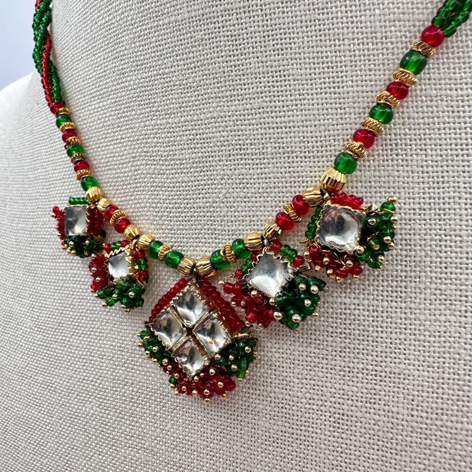 Vintage 90s Seed Bead Kundan Necklace Classic Fashion Statement Women's Jewelry - Thumbnail 8
