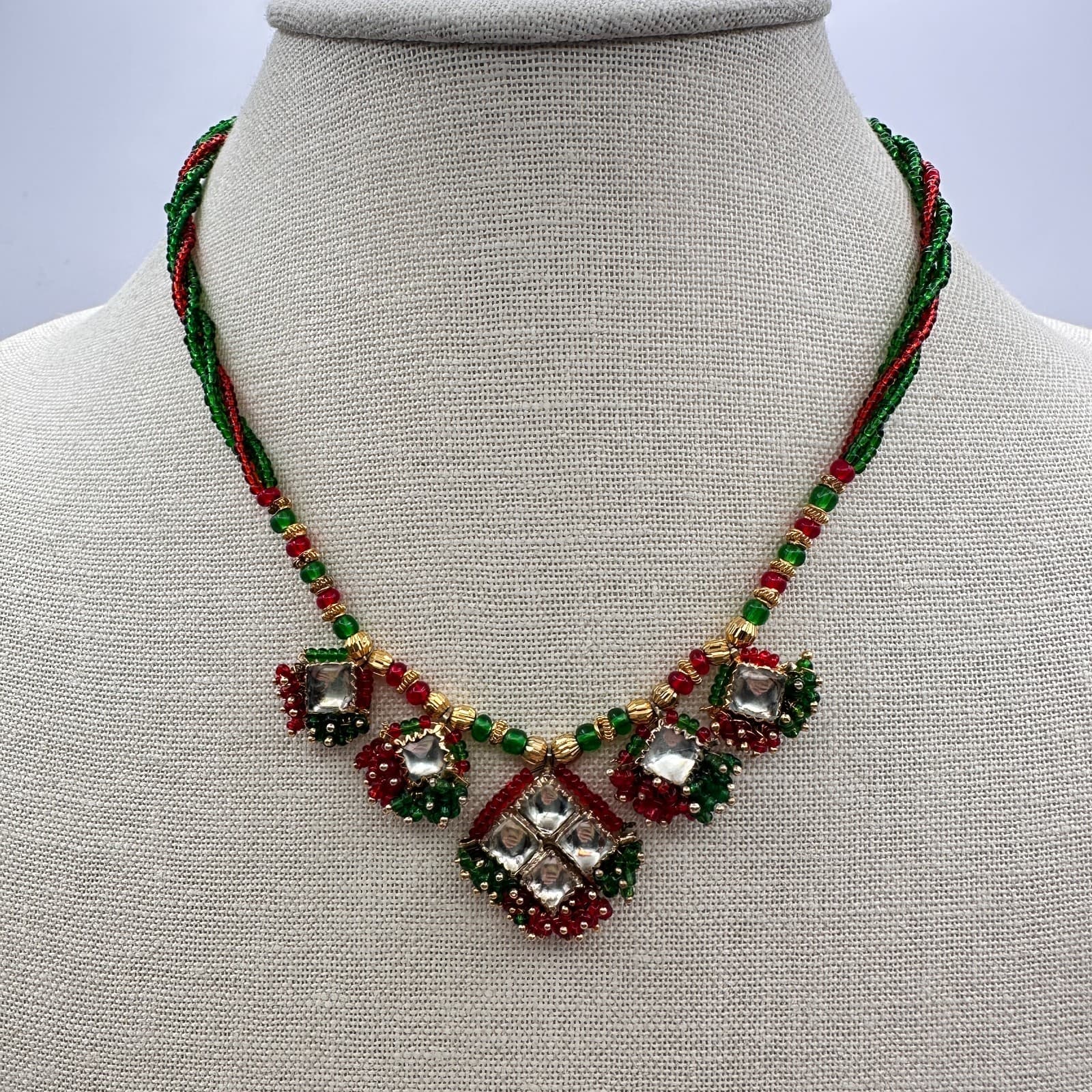 Vintage 90s Seed Bead Kundan Necklace Classic Fashion Statement Women's Jewelry - Thumbnail 2