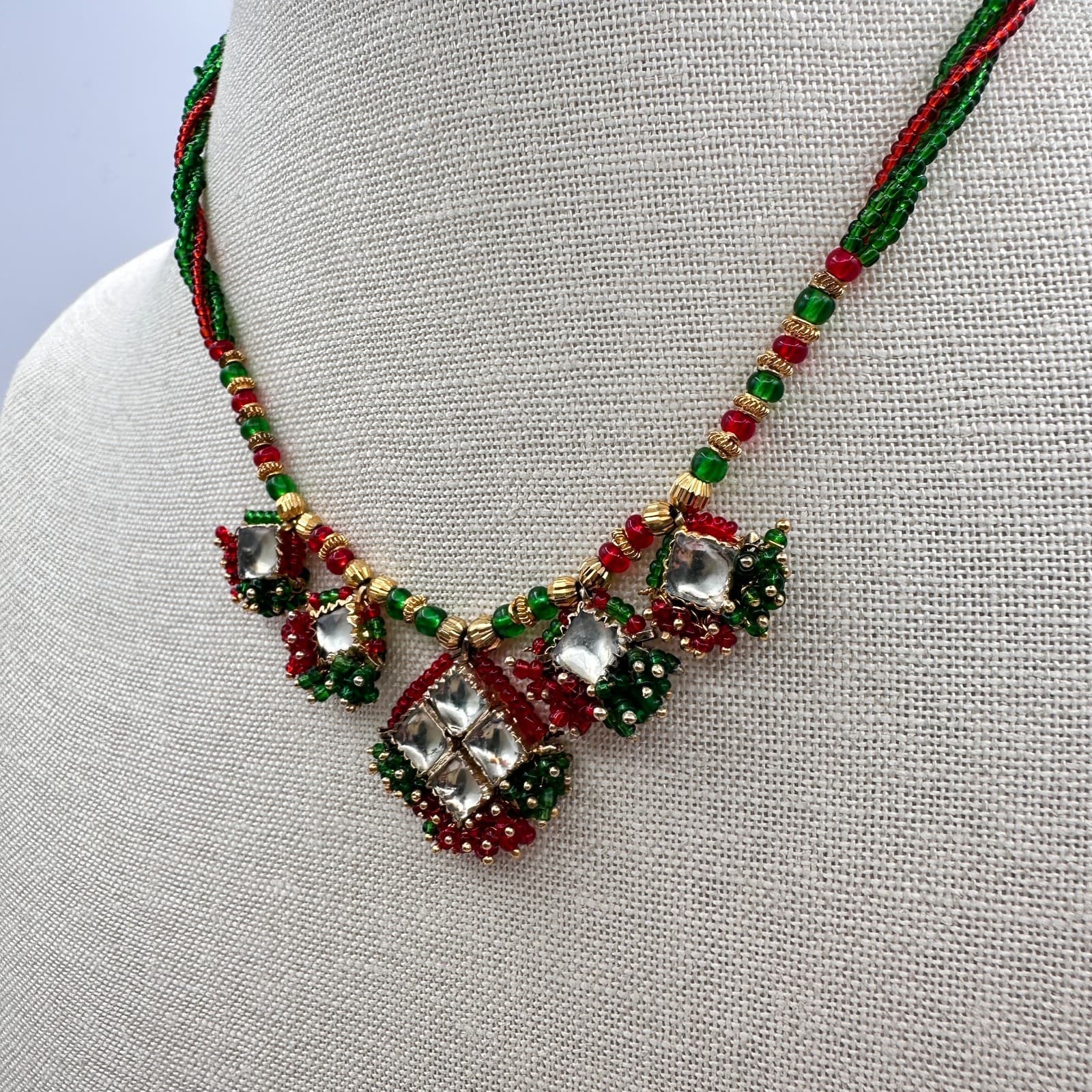 Vintage 90s Seed Bead Kundan Necklace Classic Fashion Statement Women's Jewelry - Thumbnail 6