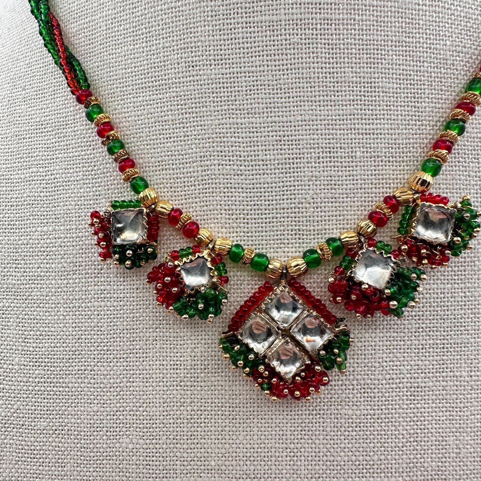 Vintage 90s Seed Bead Kundan Necklace Classic Fashion Statement Women's Jewelry - Thumbnail 4