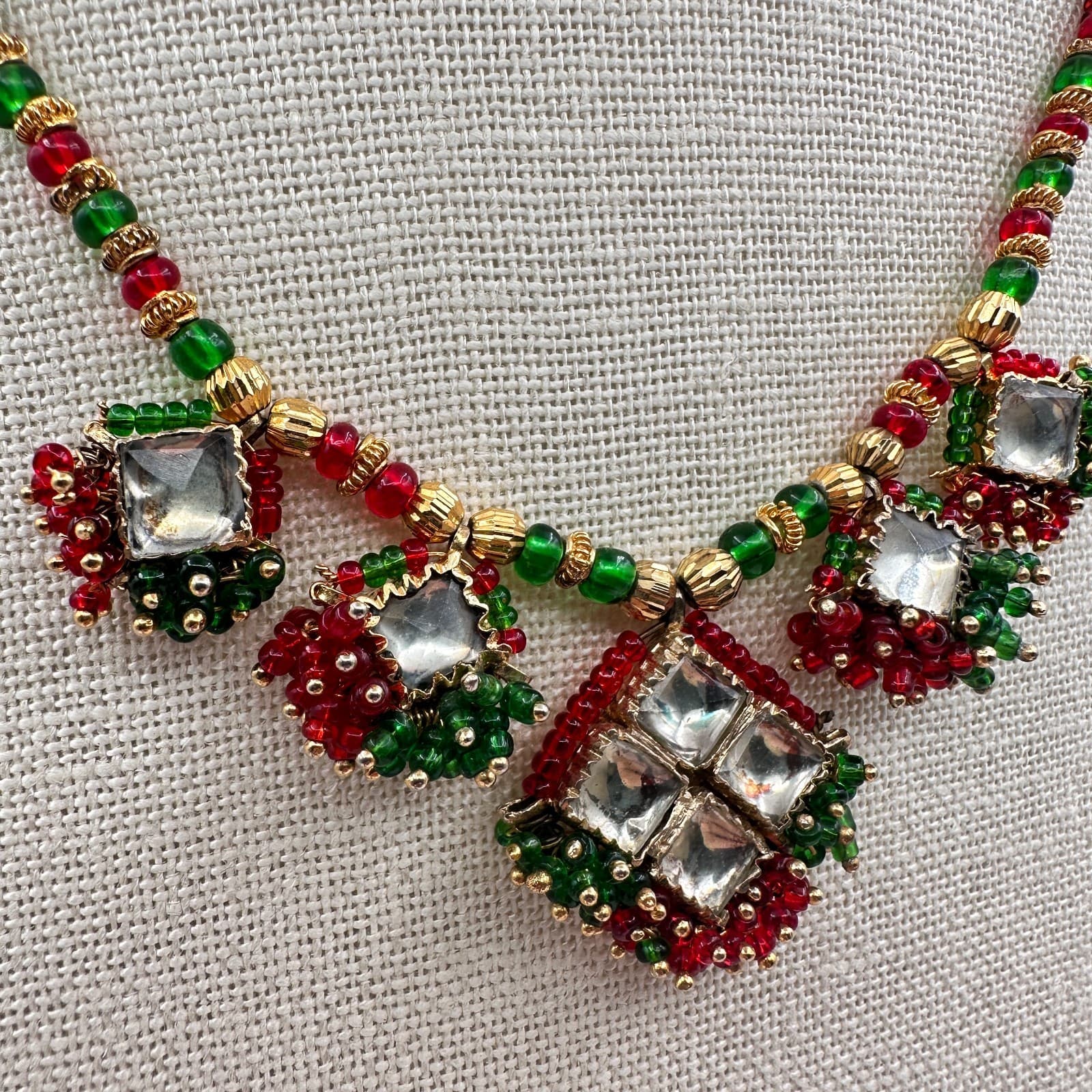 Vintage 90s Seed Bead Kundan Necklace Classic Fashion Statement Women's Jewelry - Thumbnail 5