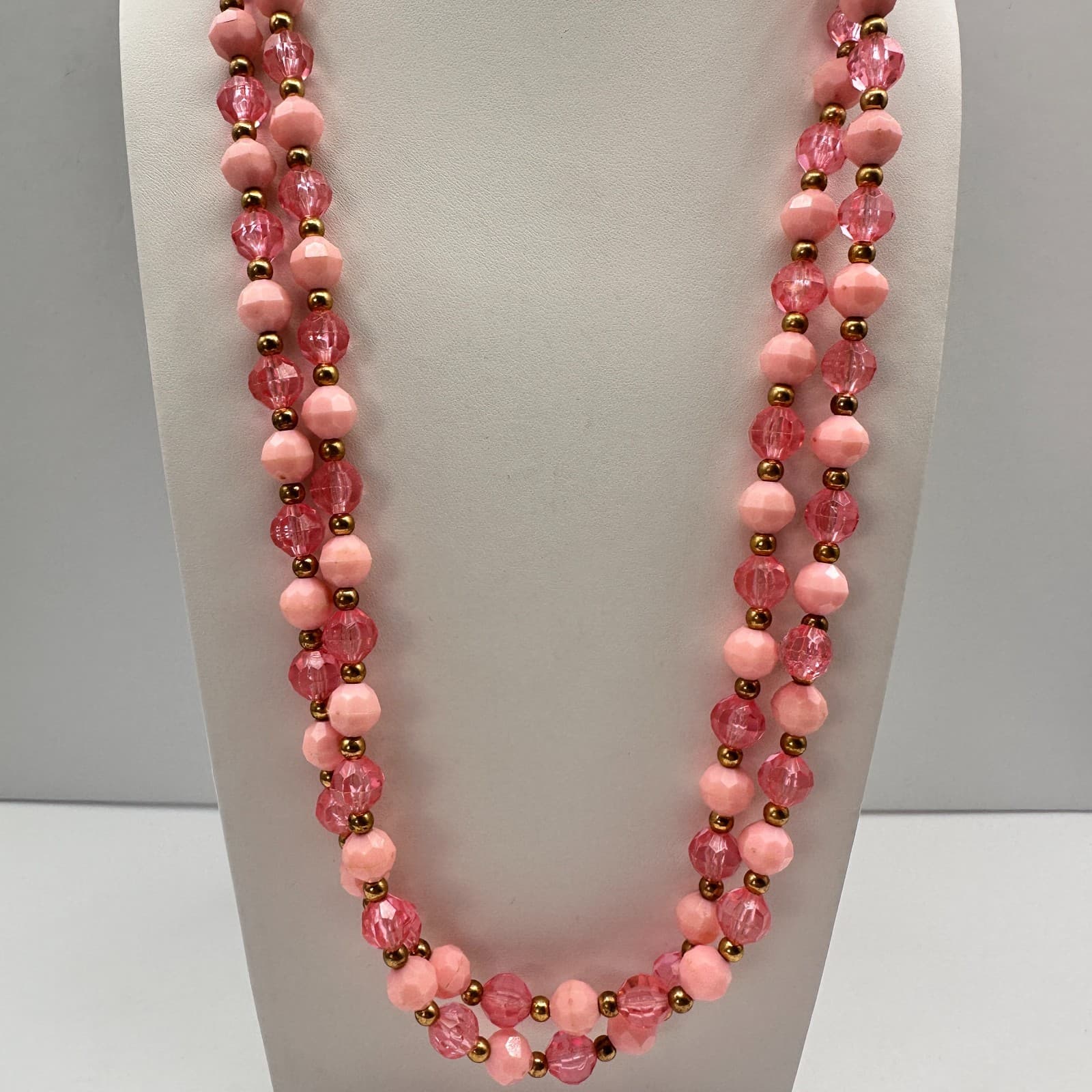 Vintage 80s Pink Beaded Double Strand Necklace Gold Tone Women's Fashion Jewelry - Thumbnail 3