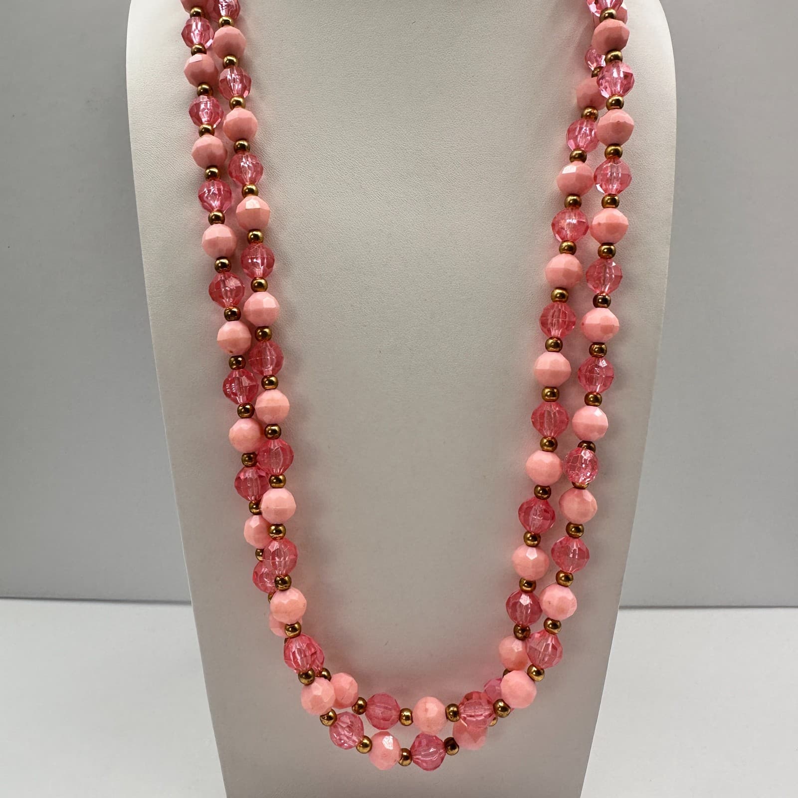 Vintage 80s Pink Beaded Double Strand Necklace Gold Tone Women's Fashion Jewelry - Thumbnail 2