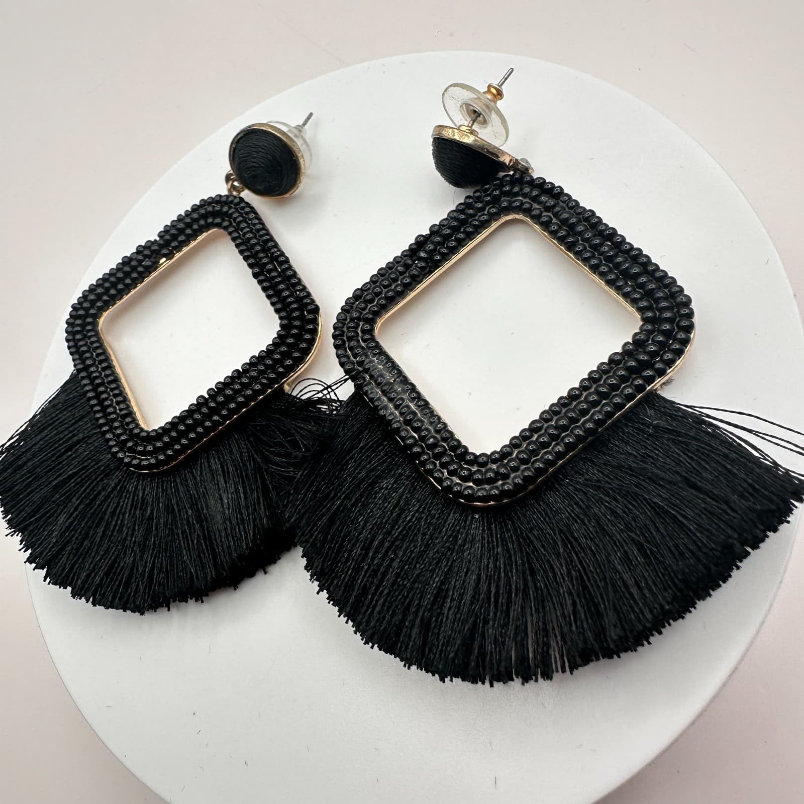 Vintage 90s Black Tassel Beaded Square Drop Earrings Gold Tone Fashion Jewelry - Thumbnail 3