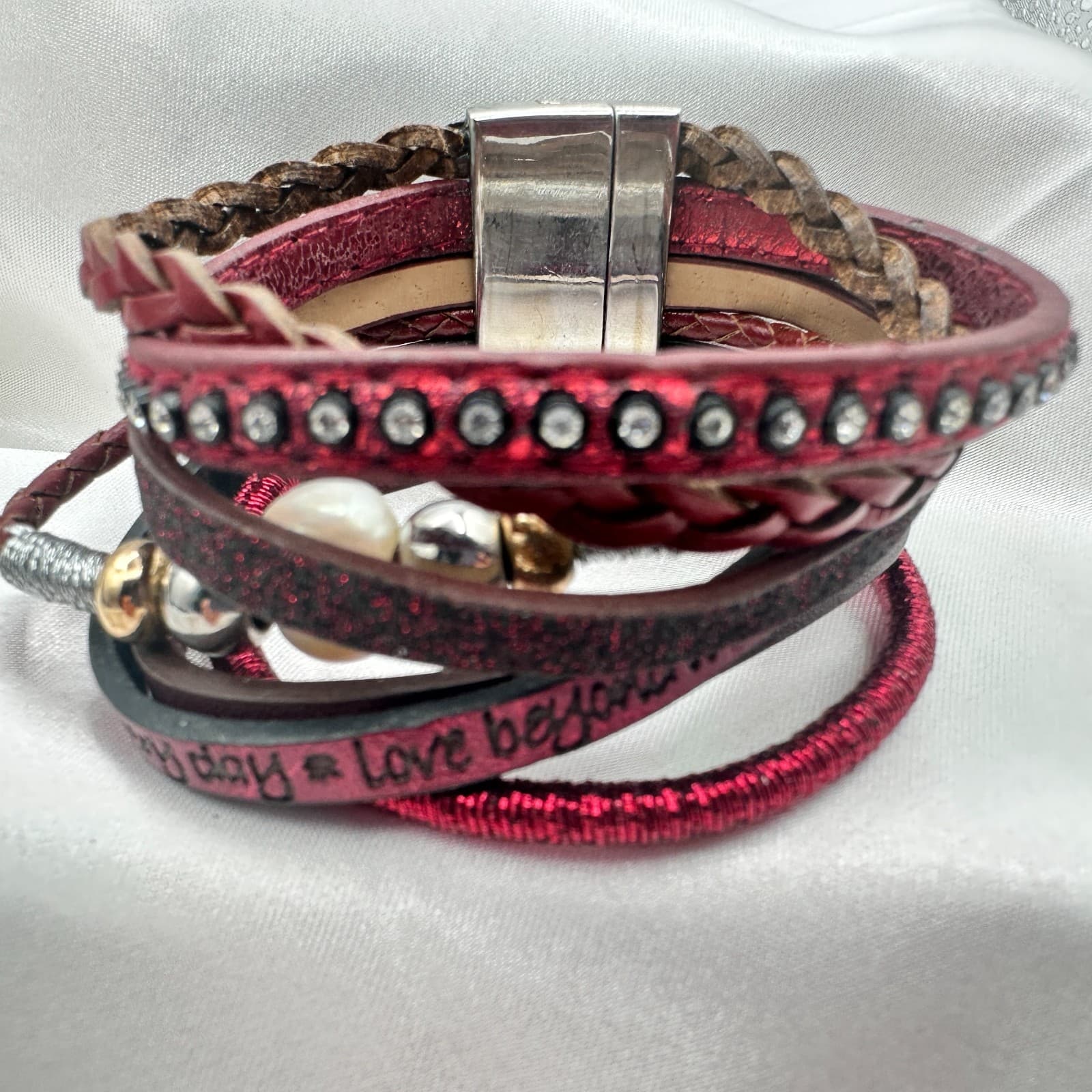 Vintage 80s Color Layered Leather Cuff Bracelet Bead Bohemian Statement Jewelry - Thumbnail 5