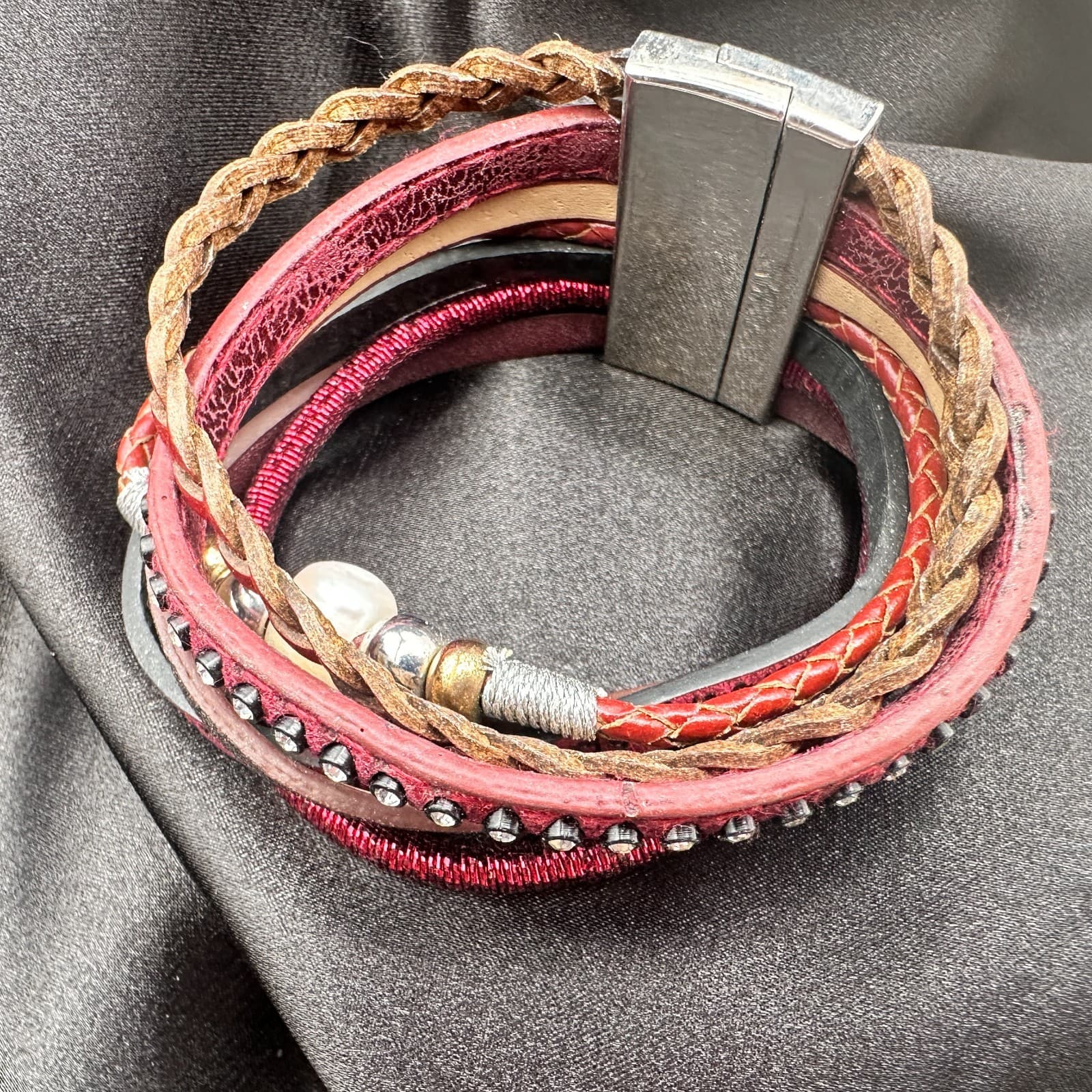 Vintage 80s Color Layered Leather Cuff Bracelet Bead Bohemian Statement Jewelry - Thumbnail 7