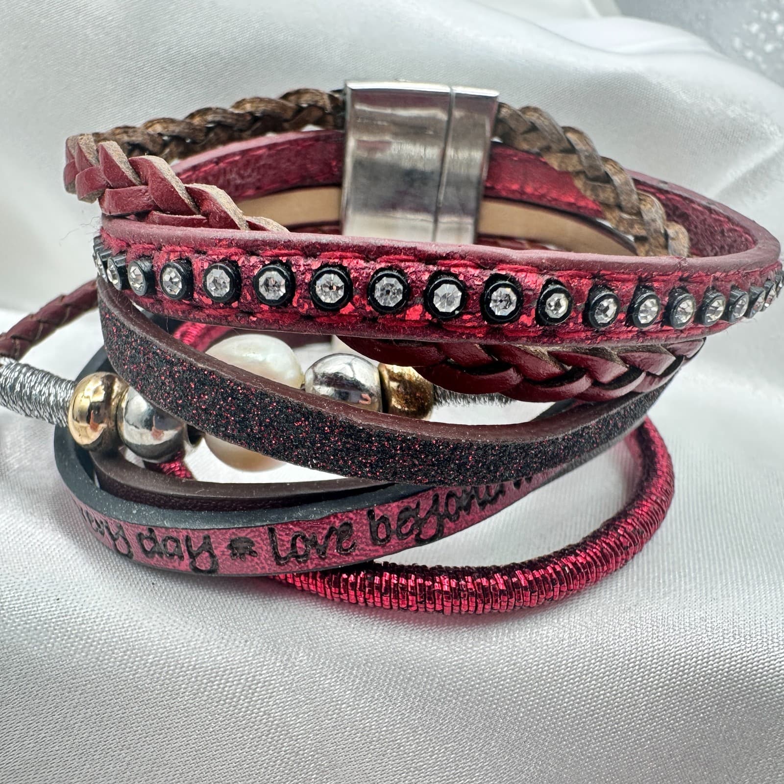 Vintage 80s Color Layered Leather Cuff Bracelet Bead Bohemian Statement Jewelry - Thumbnail 6