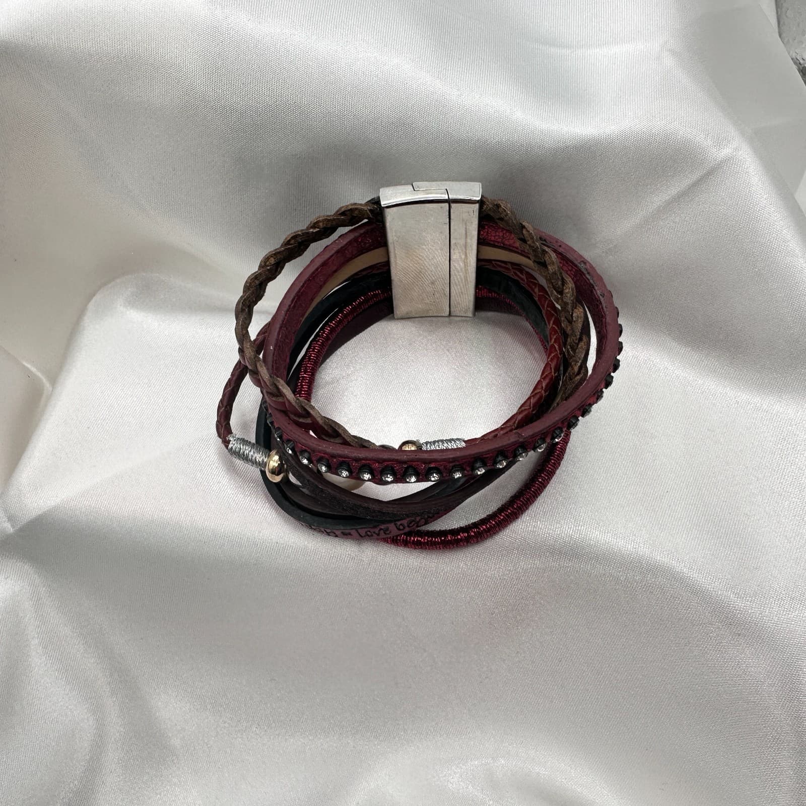 Vintage 80s Color Layered Leather Cuff Bracelet Bead Bohemian Statement Jewelry - Thumbnail 11