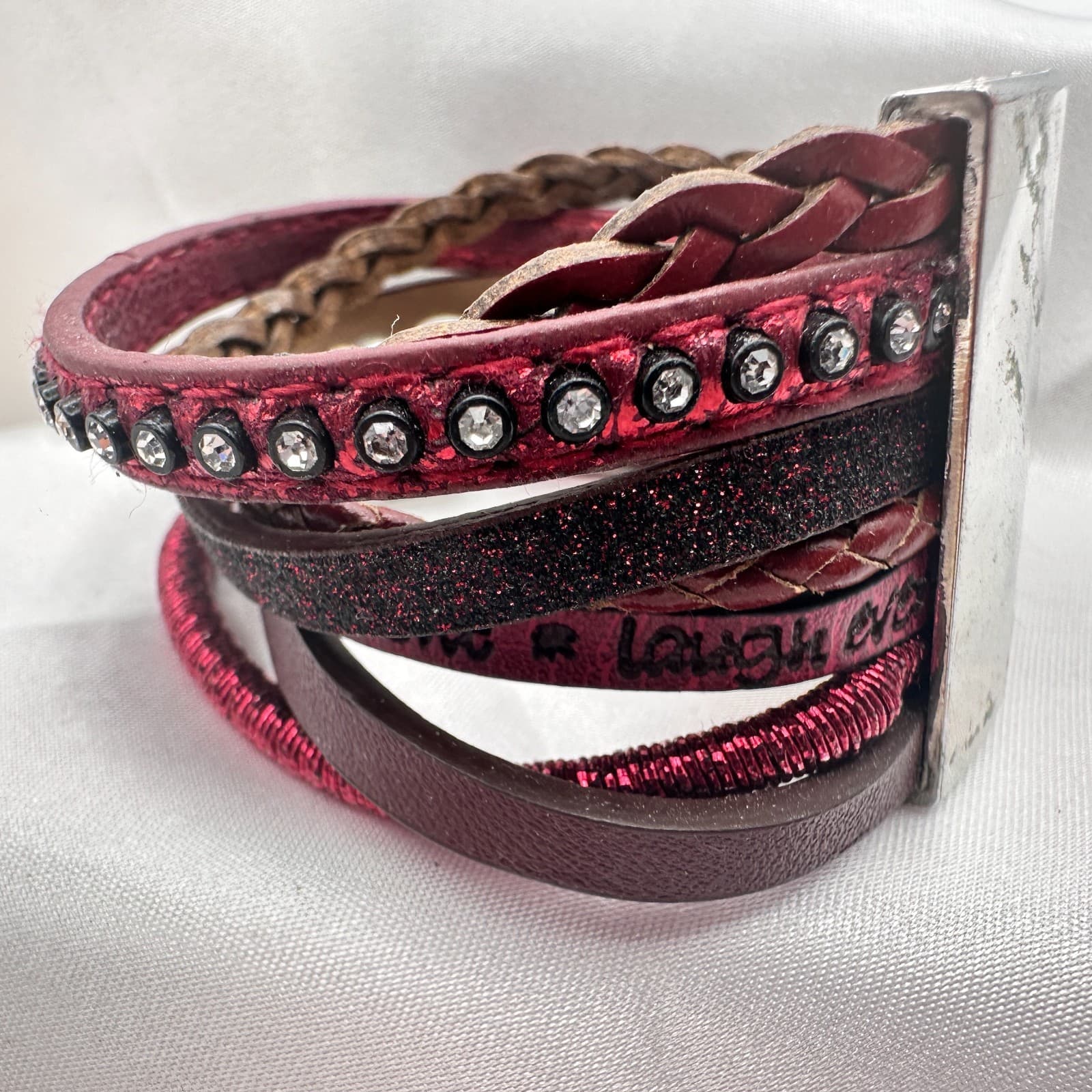 Vintage 80s Color Layered Leather Cuff Bracelet Bead Bohemian Statement Jewelry - Thumbnail 10