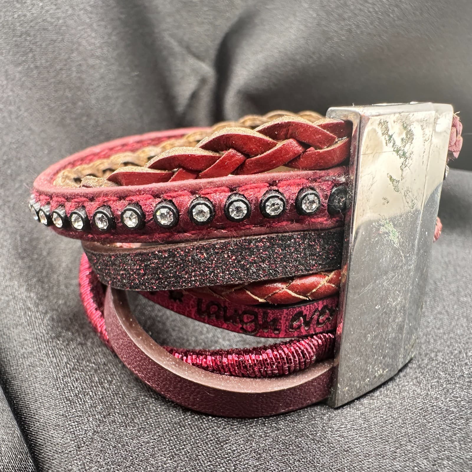 Vintage 80s Color Layered Leather Cuff Bracelet Bead Bohemian Statement Jewelry - Thumbnail 9
