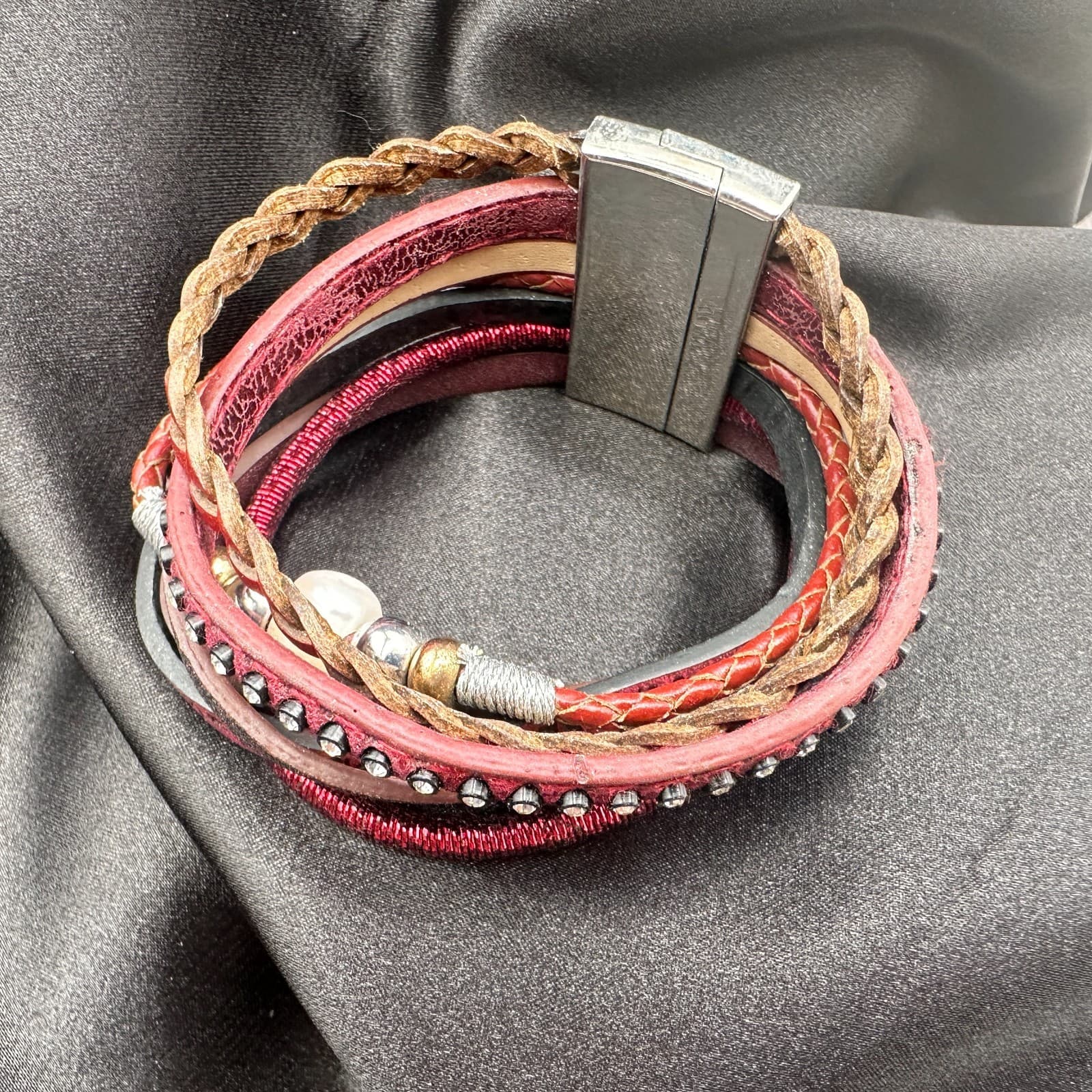 Vintage 80s Color Layered Leather Cuff Bracelet Bead Bohemian Statement Jewelry - Thumbnail 3