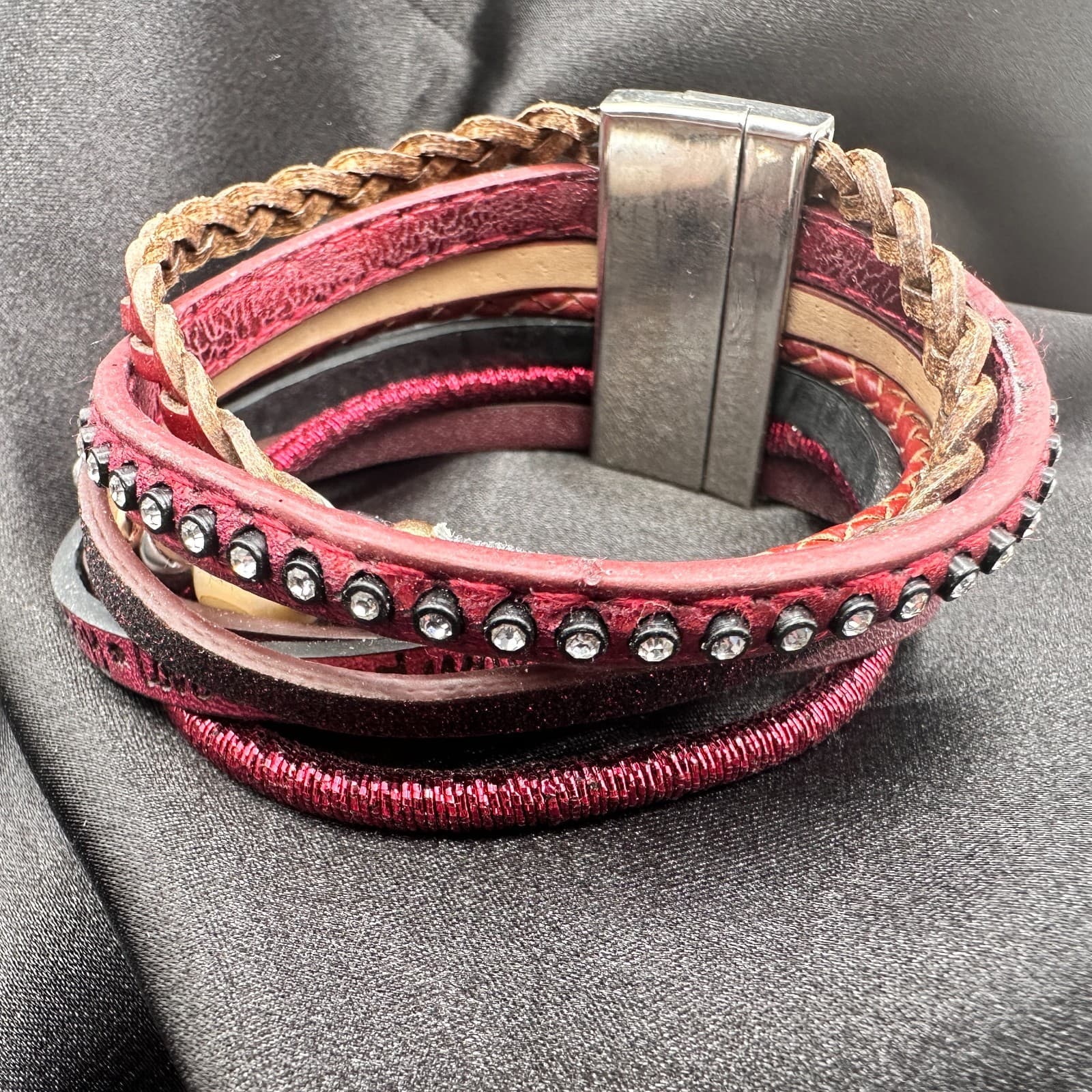 Vintage 80s Color Layered Leather Cuff Bracelet Bead Bohemian Statement Jewelry - Thumbnail 2
