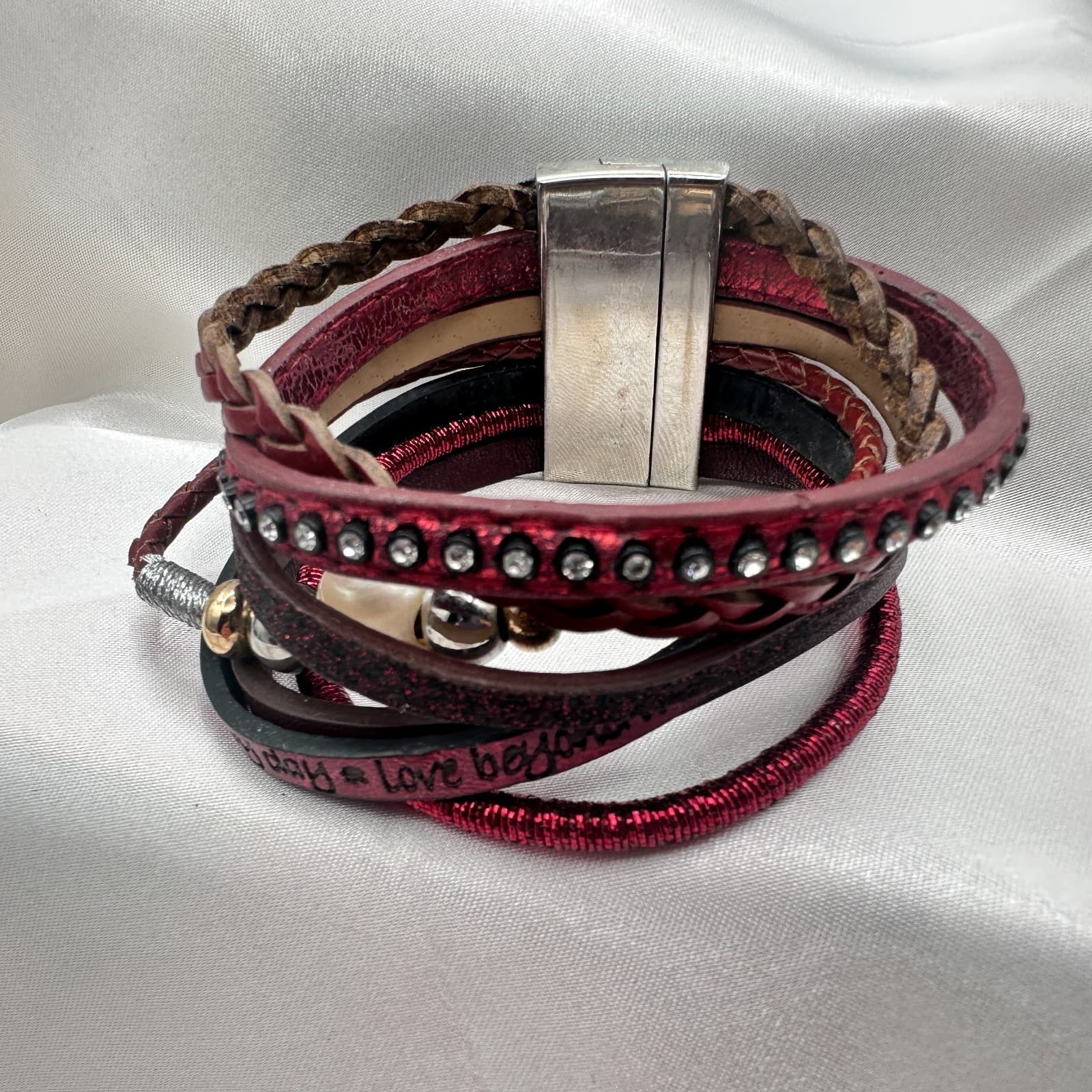 Vintage 80s Color Layered Leather Cuff Bracelet Bead Bohemian Statement Jewelry - Thumbnail 4