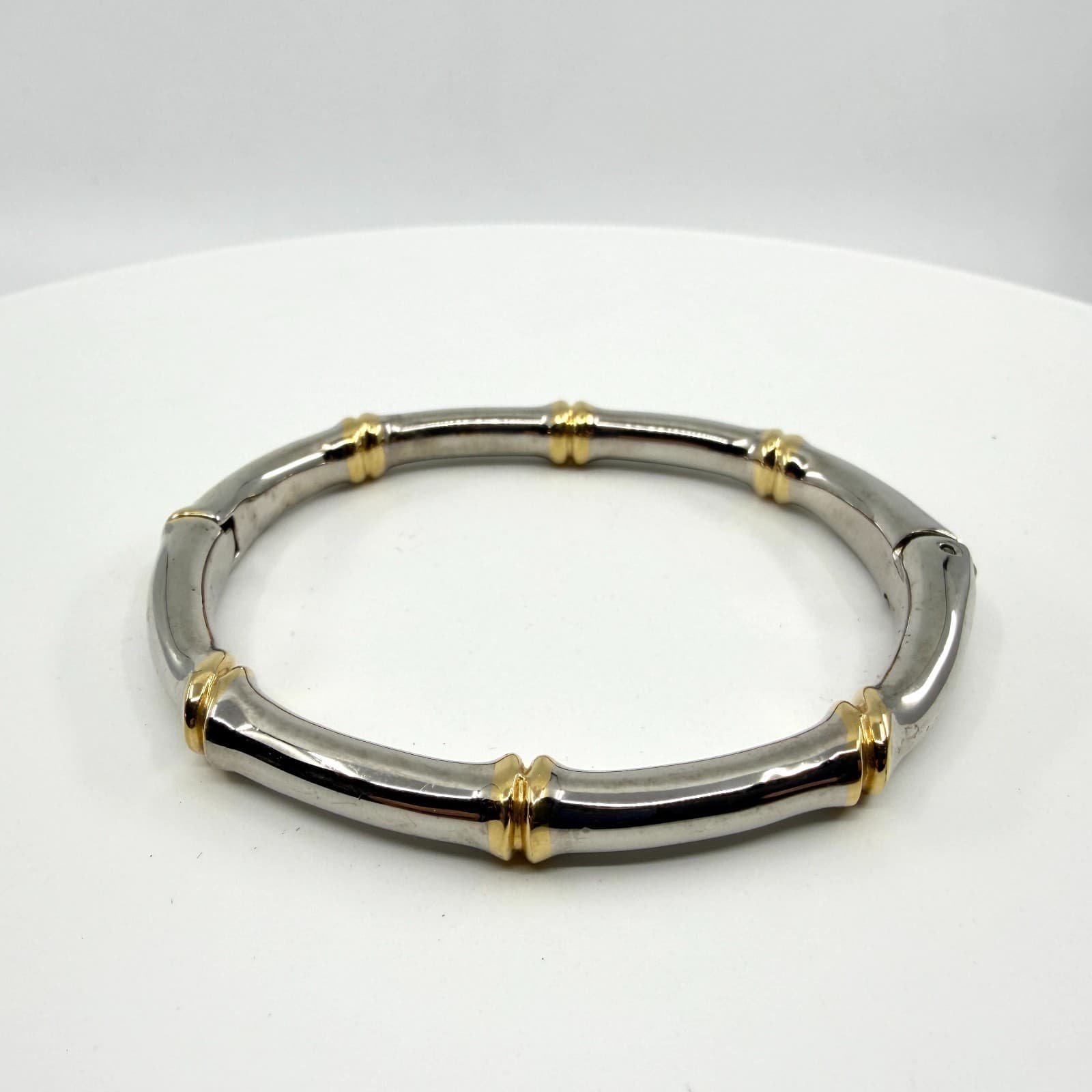 Two-Tone Silver & Gold Tone Bamboo Bangle Bracelet Minimalist Statement Jewelry - Thumbnail 2