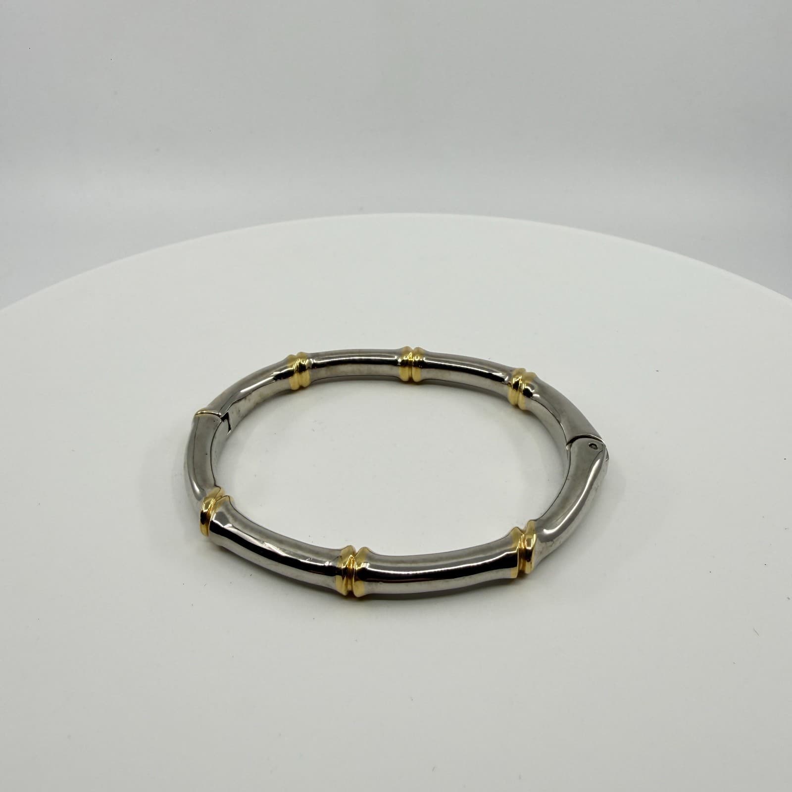 Two-Tone Silver & Gold Tone Bamboo Bangle Bracelet Minimalist Statement Jewelry - Thumbnail 7