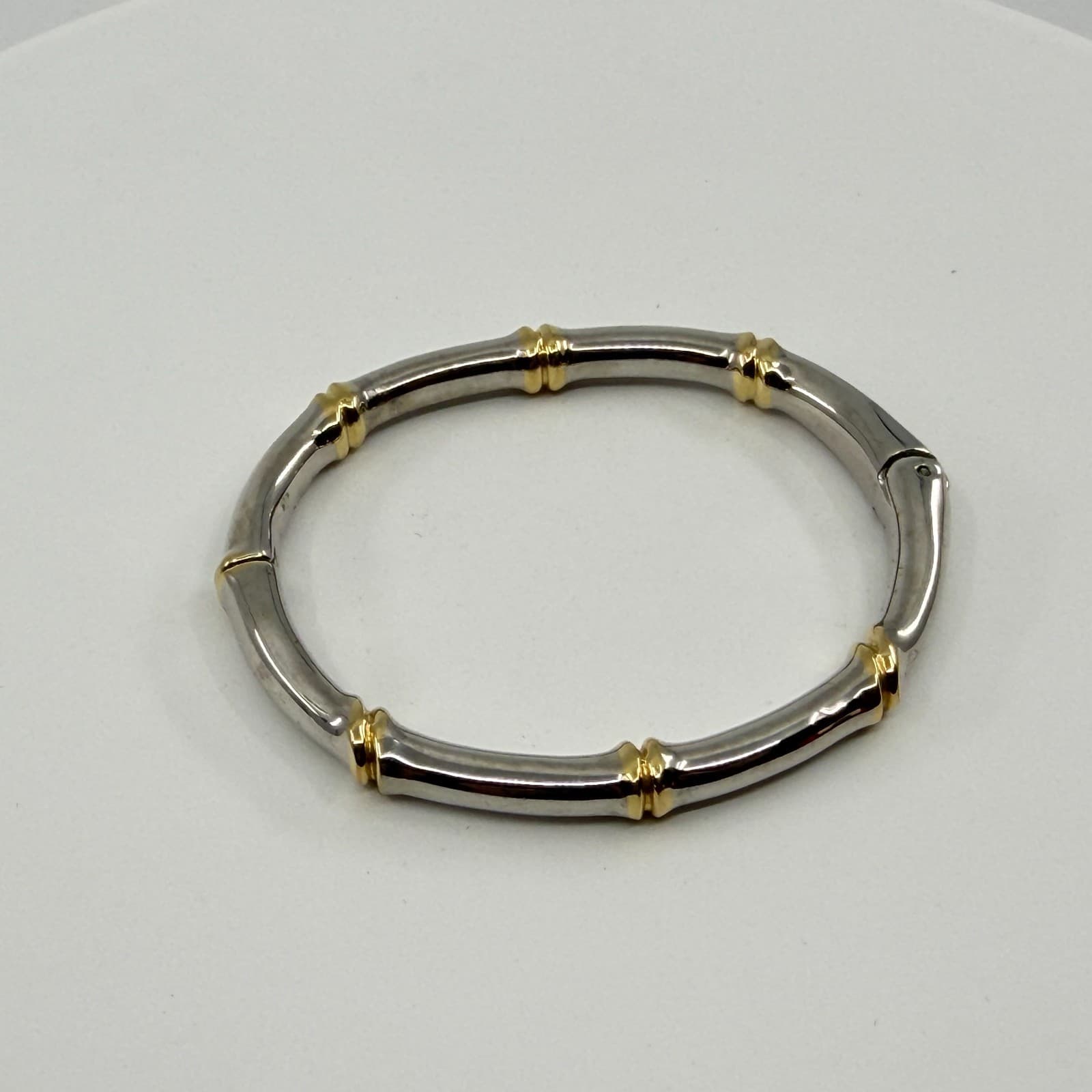 Two-Tone Silver & Gold Tone Bamboo Bangle Bracelet Minimalist Statement Jewelry - Thumbnail 6
