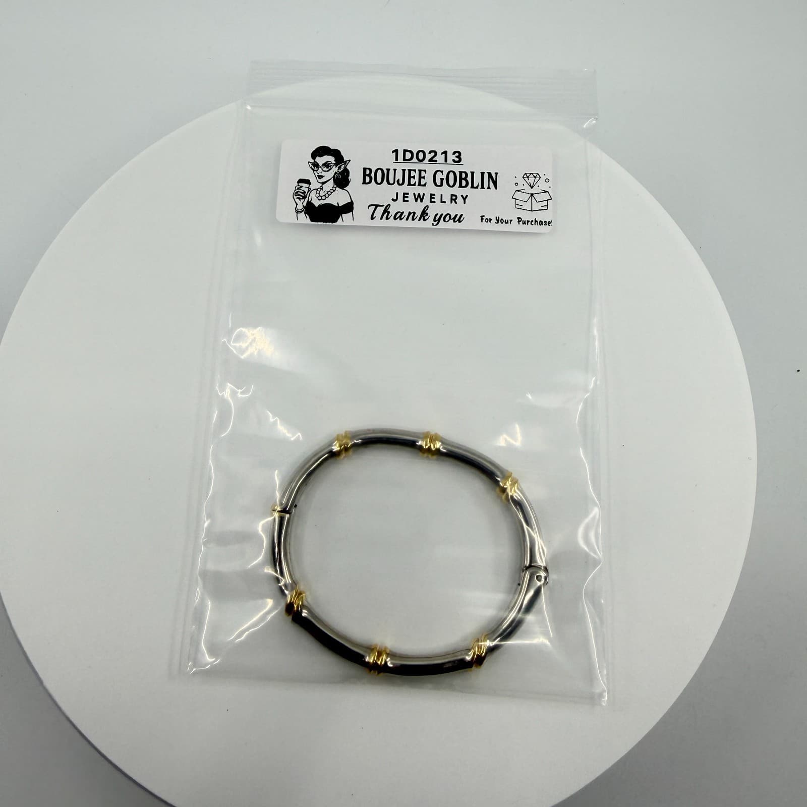 Two-Tone Silver & Gold Tone Bamboo Bangle Bracelet Minimalist Statement Jewelry - Thumbnail 9