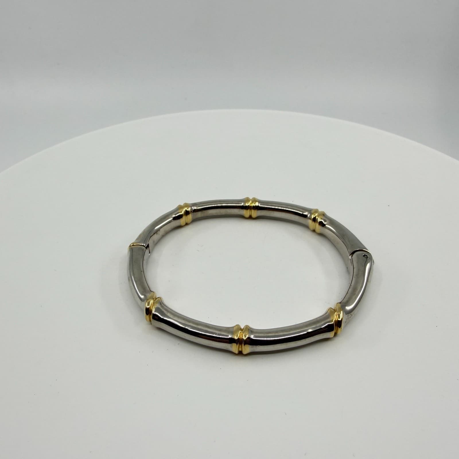 Two-Tone Silver & Gold Tone Bamboo Bangle Bracelet Minimalist Statement Jewelry - Thumbnail 3