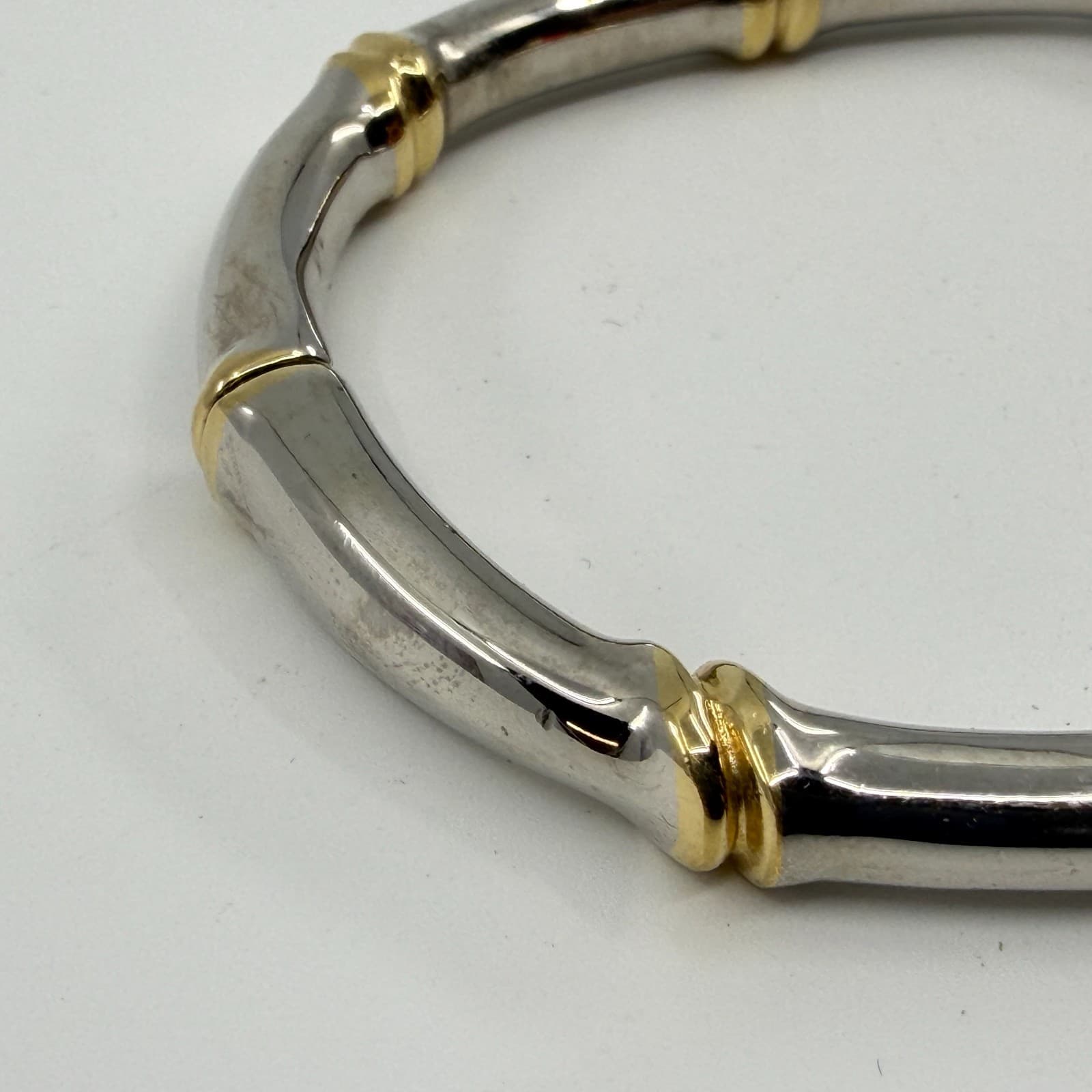 Two-Tone Silver & Gold Tone Bamboo Bangle Bracelet Minimalist Statement Jewelry - Thumbnail 5