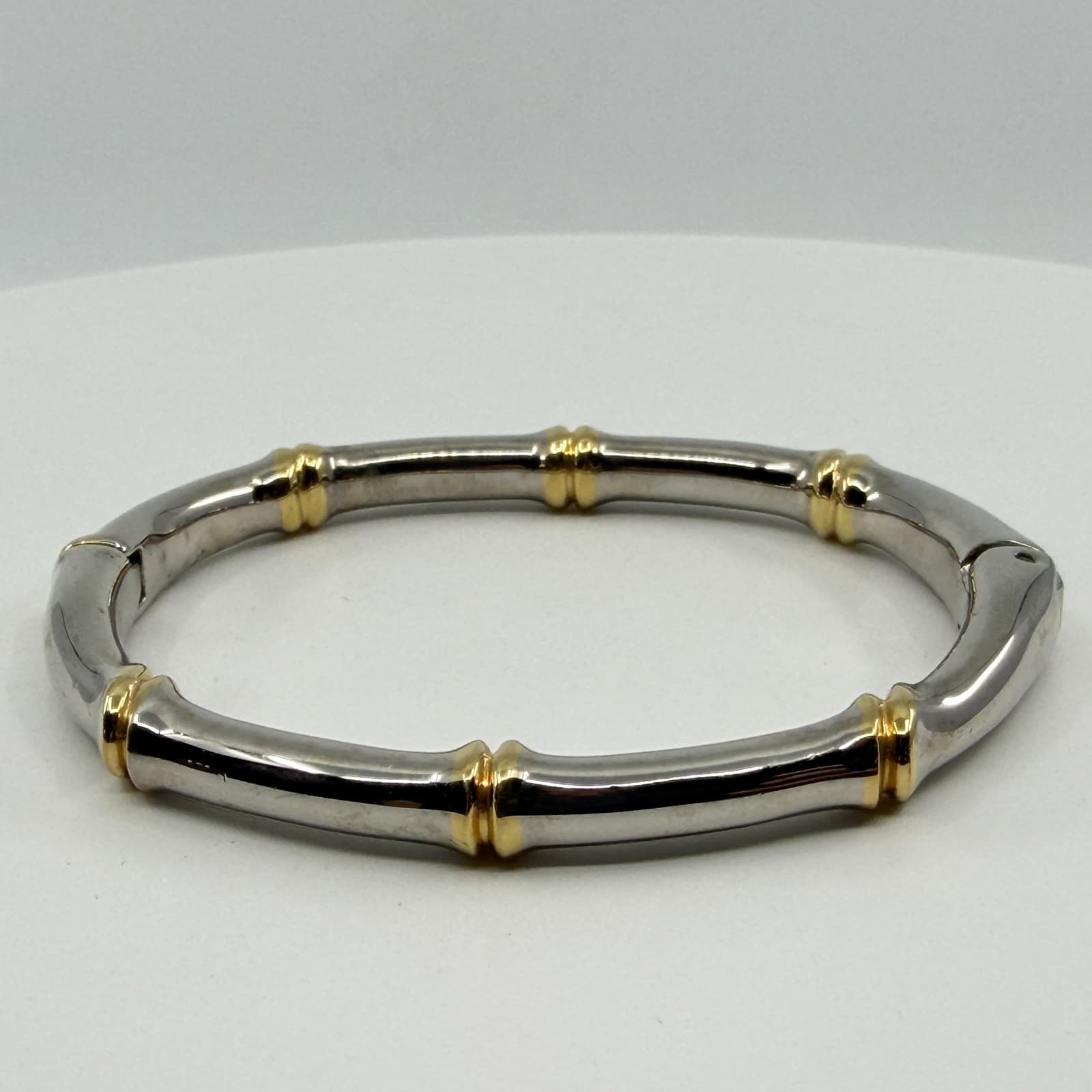 Two-Tone Silver & Gold Tone Bamboo Bangle Bracelet Minimalist Statement Jewelry - Thumbnail 4
