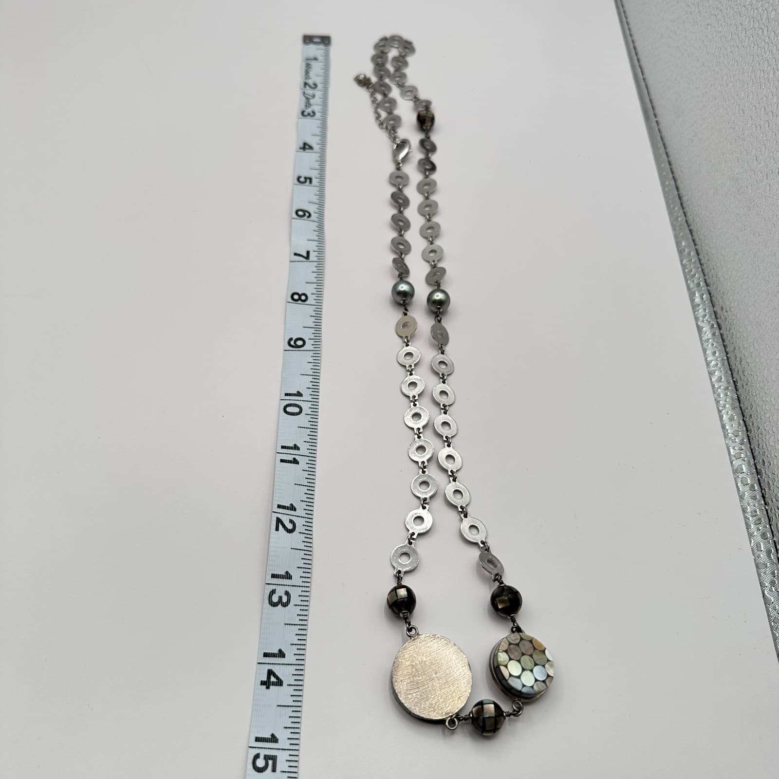 Vintage 80s Mother Pearl Hematite Mosaic Open Circle Link Necklace Retro Jewelry - Thumbnail 12