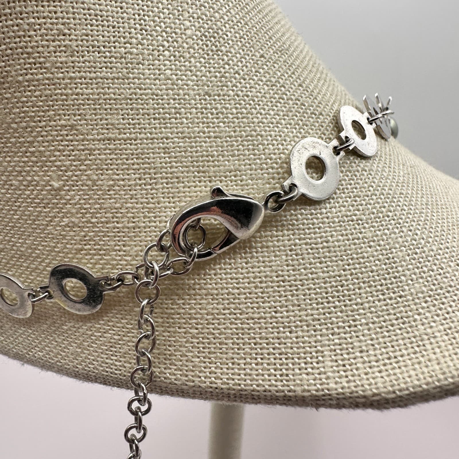 Vintage 80s Mother Pearl Hematite Mosaic Open Circle Link Necklace Retro Jewelry - Thumbnail 11