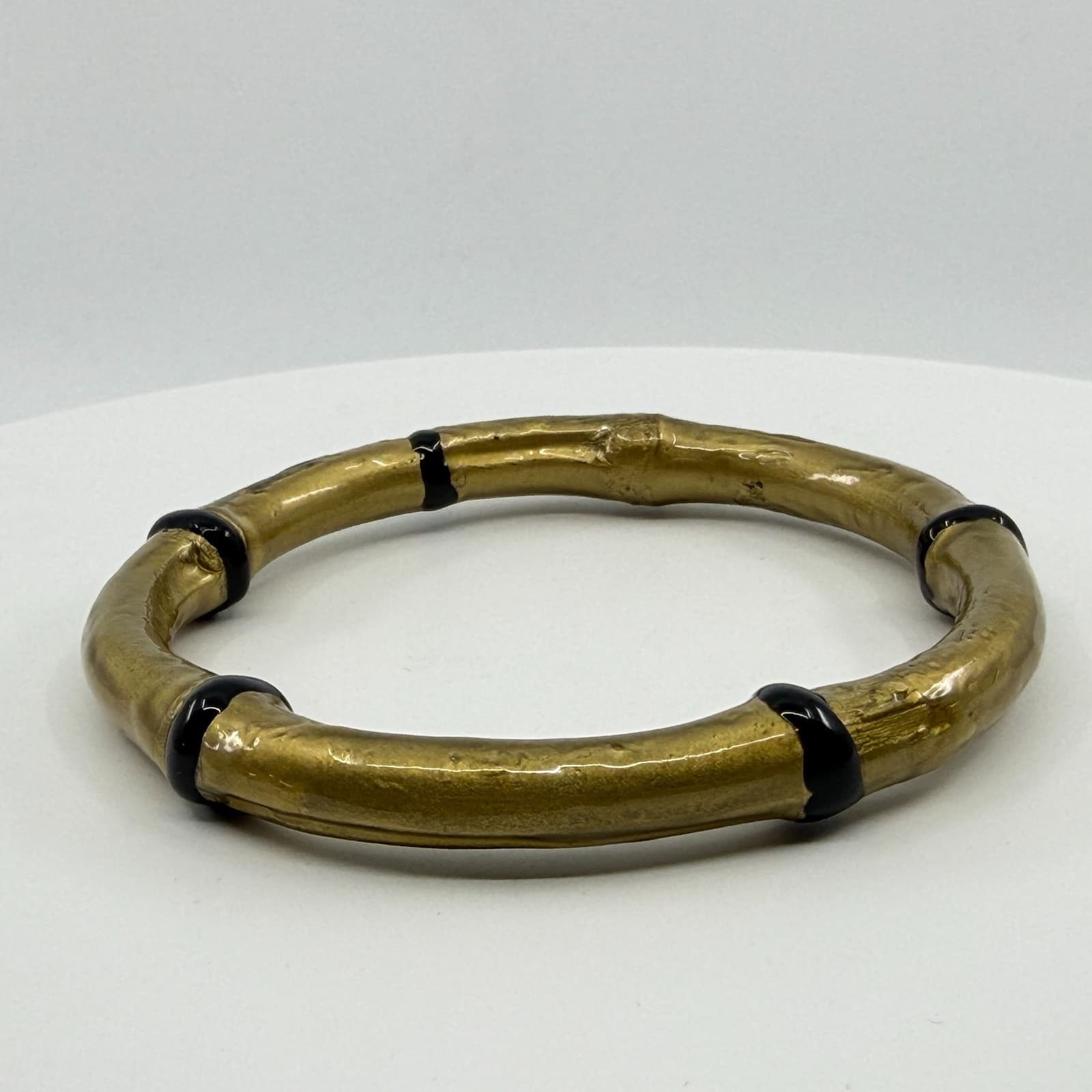 Gold Tone Bamboo Style Bangle Bracelet Black Accents Minimalist Boho Statement - Thumbnail 5