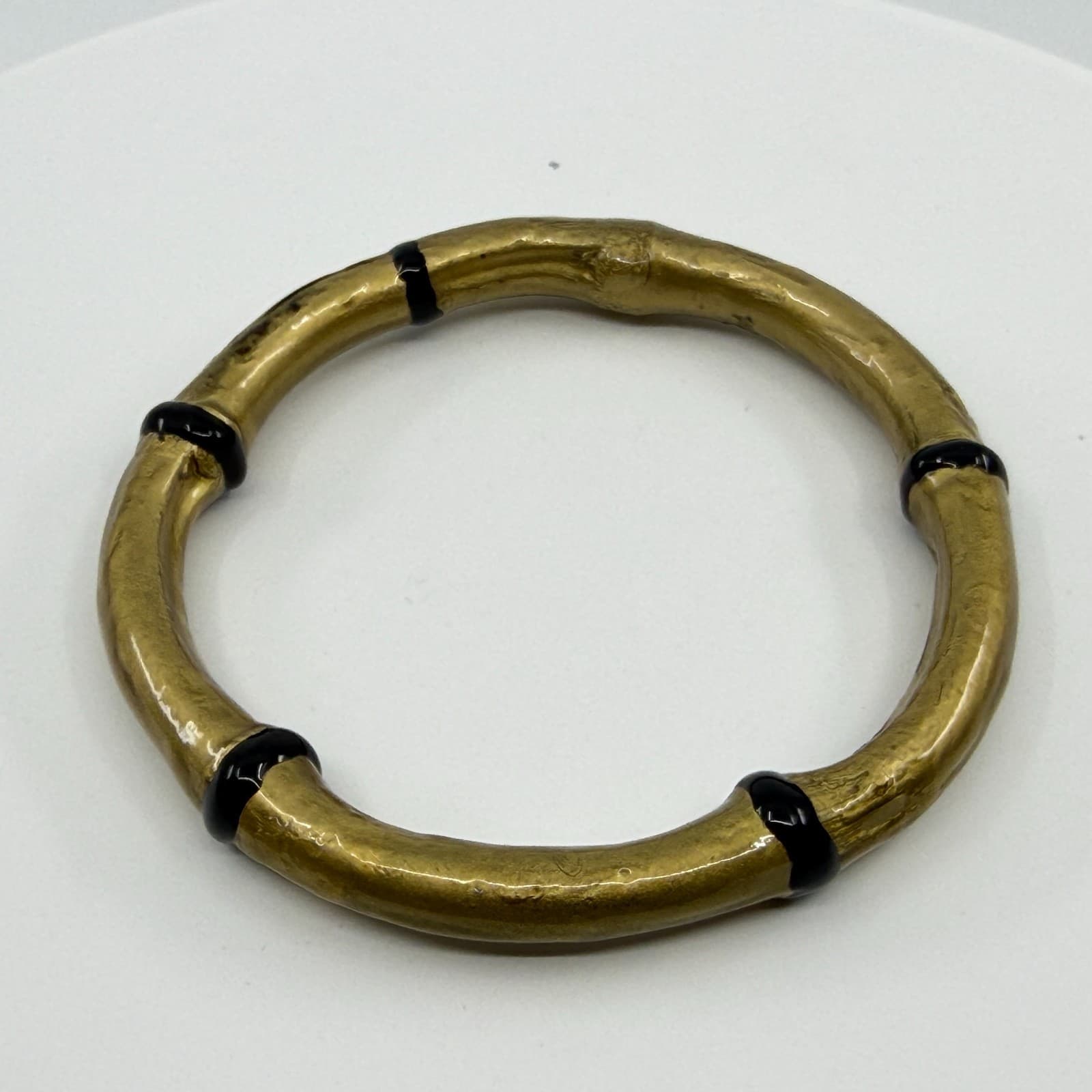 Gold Tone Bamboo Style Bangle Bracelet Black Accents Minimalist Boho Statement - Thumbnail 4