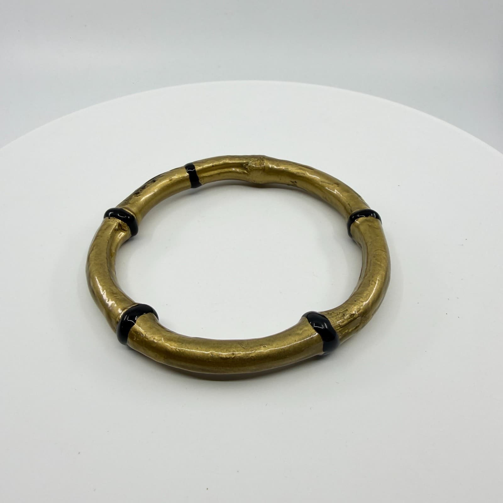 Gold Tone Bamboo Style Bangle Bracelet Black Accents Minimalist Boho Statement - Thumbnail 7