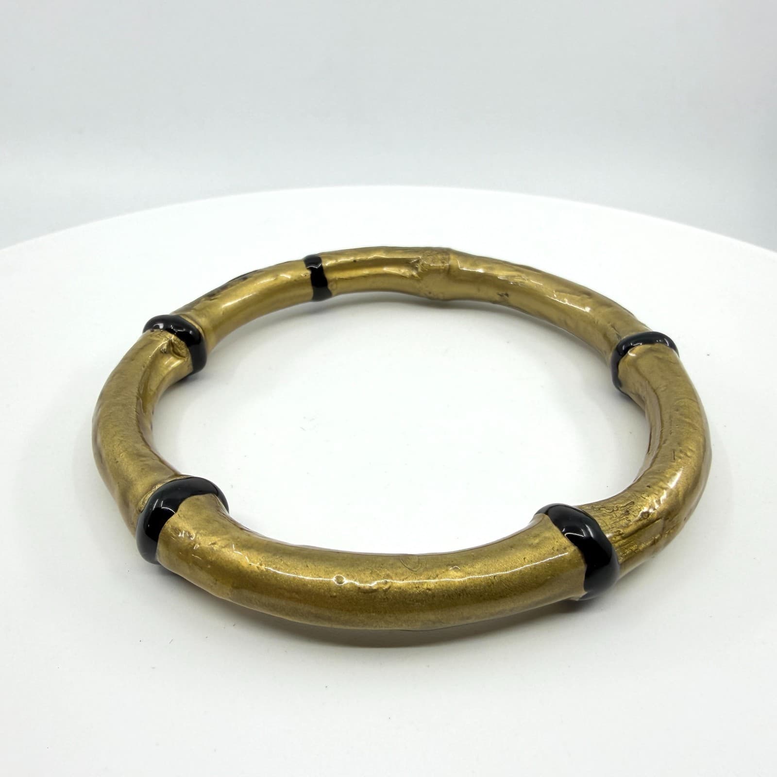 Gold Tone Bamboo Style Bangle Bracelet Black Accents Minimalist Boho Statement - Thumbnail 3