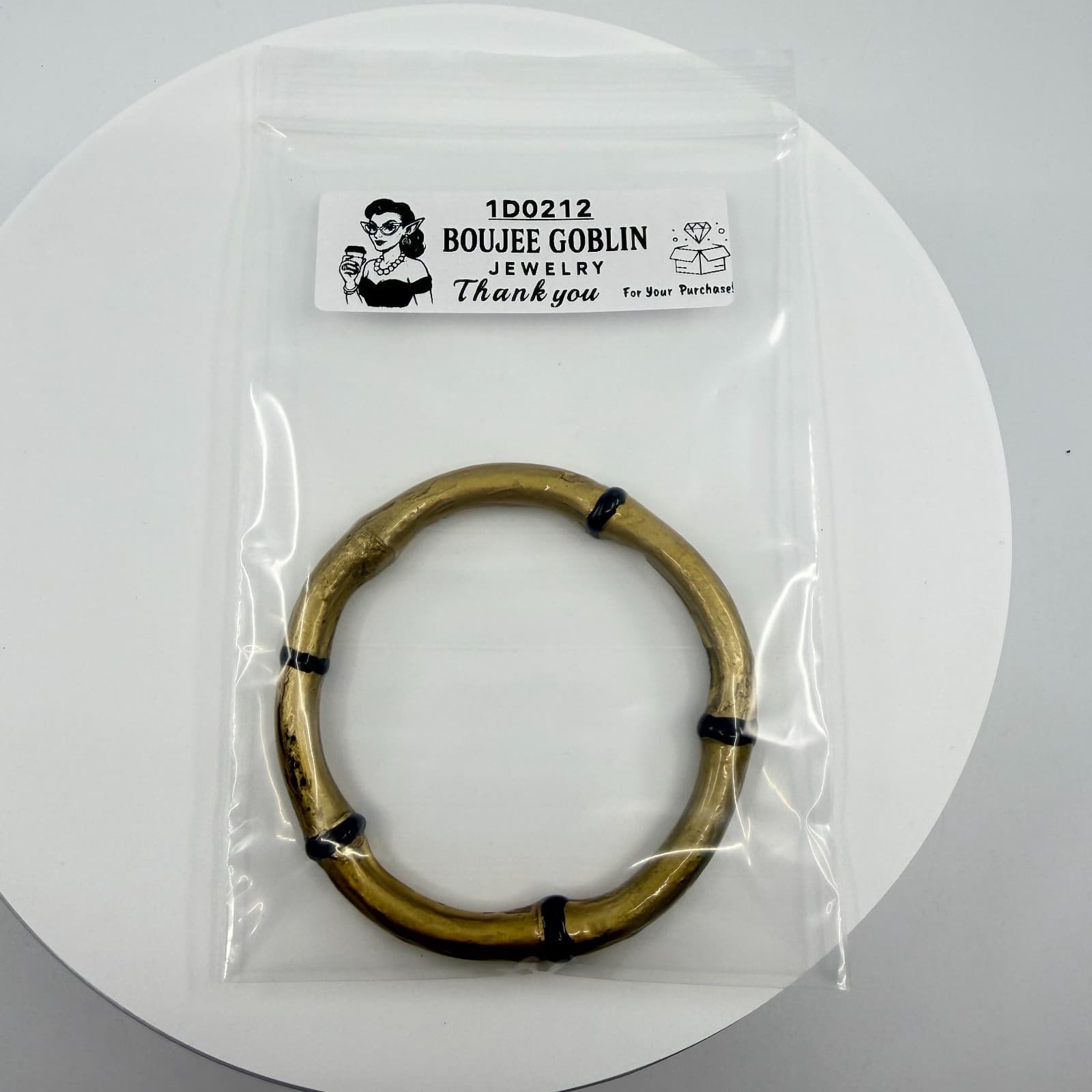 Gold Tone Bamboo Style Bangle Bracelet Black Accents Minimalist Boho Statement - Thumbnail 9