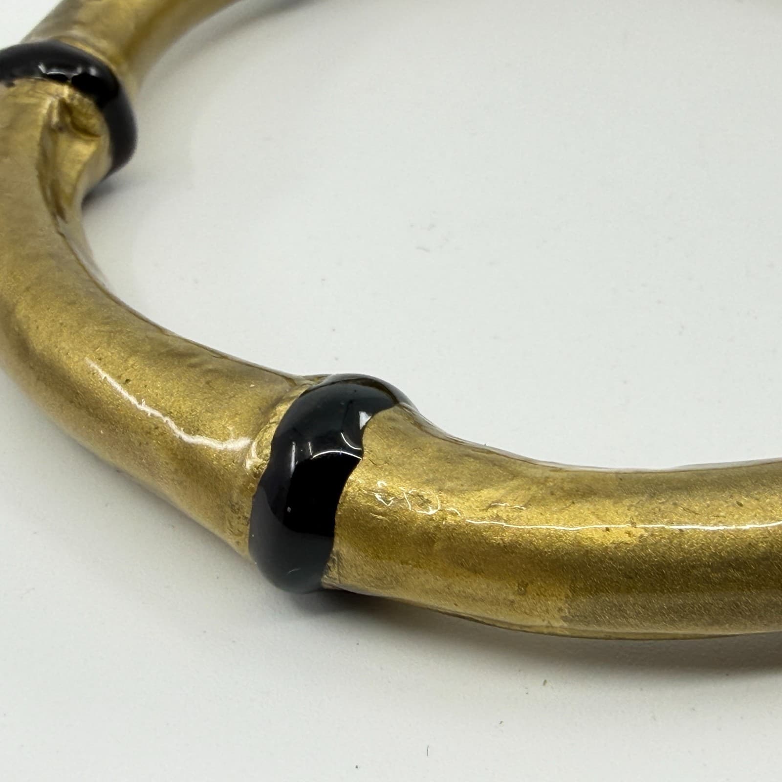 Gold Tone Bamboo Style Bangle Bracelet Black Accents Minimalist Boho Statement - Thumbnail 6