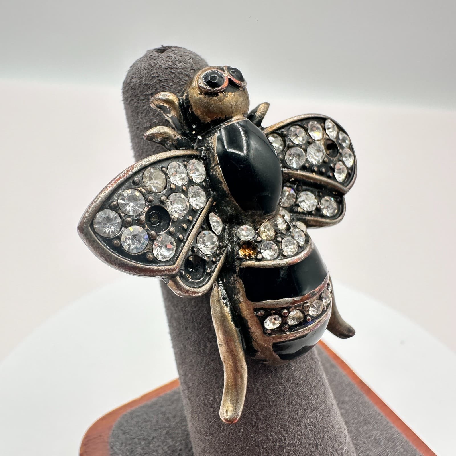 Vintage 80s Crystal Rhinestone Enamel Bee Insect Statement Ring Fashion Jewelry - Thumbnail 3