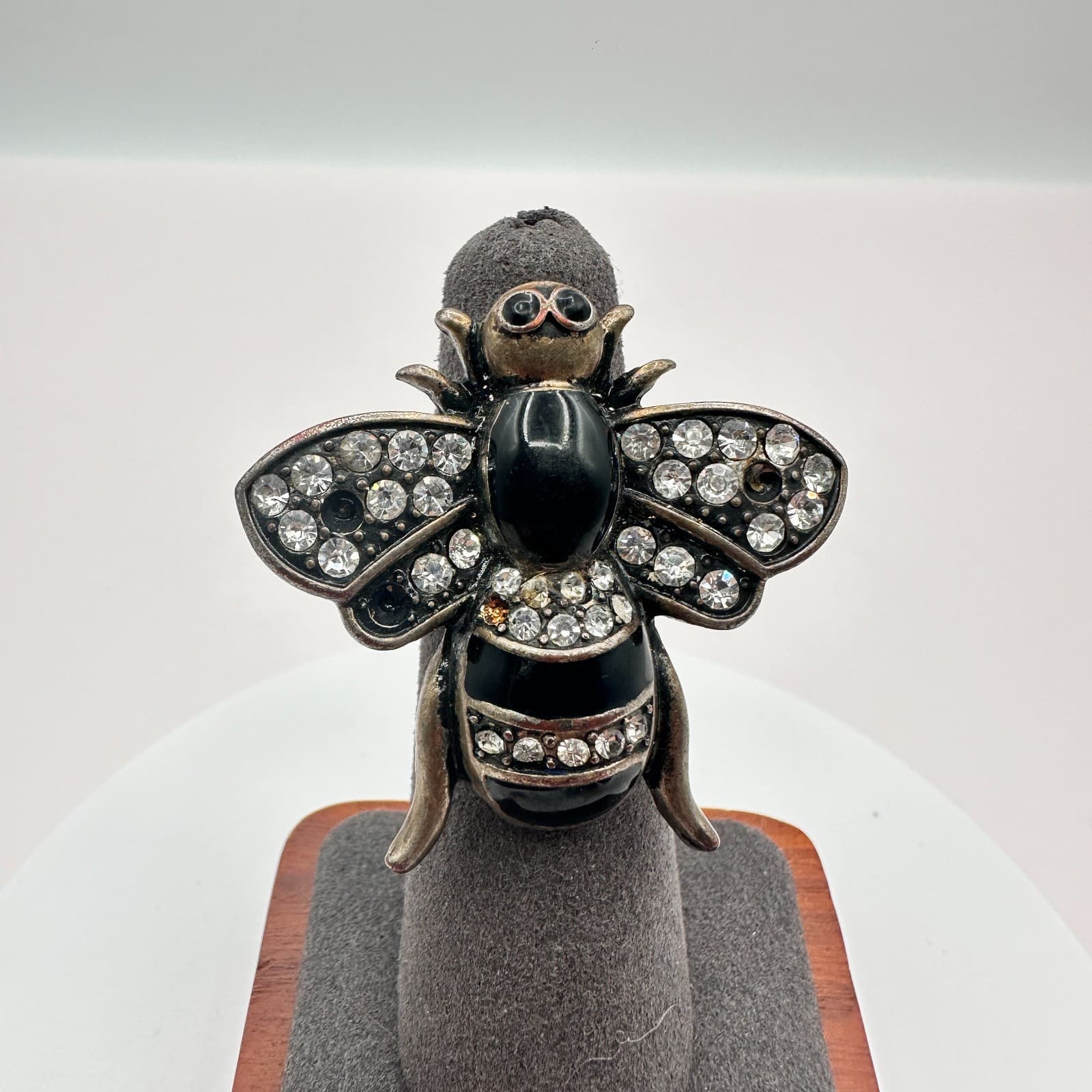 Vintage 80s Crystal Rhinestone Enamel Bee Insect Statement Ring Fashion Jewelry - Thumbnail 2