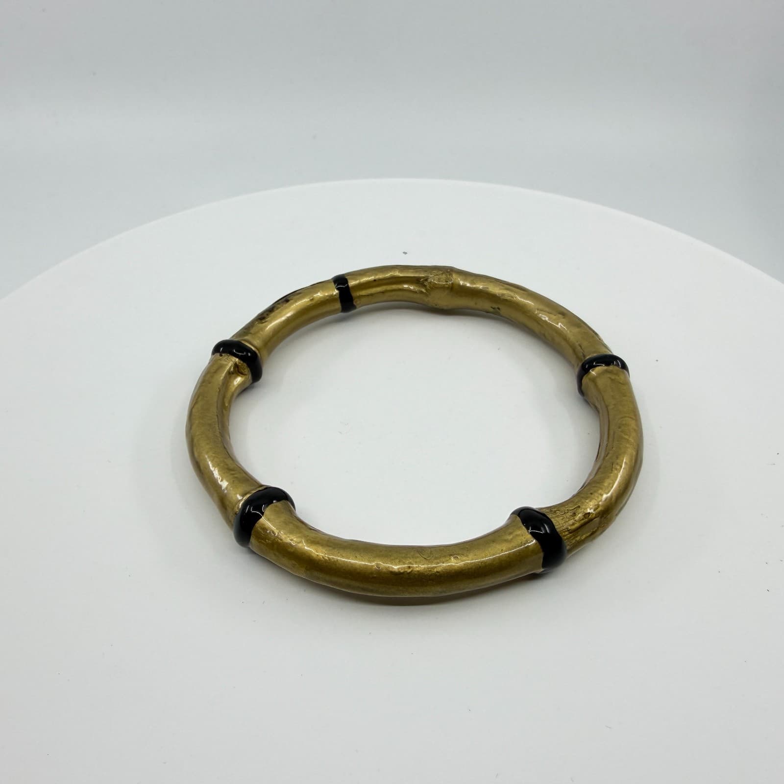 Gold Tone Bamboo Style Bangle Bracelet Black Accents Minimalist Boho Statement - Thumbnail 2