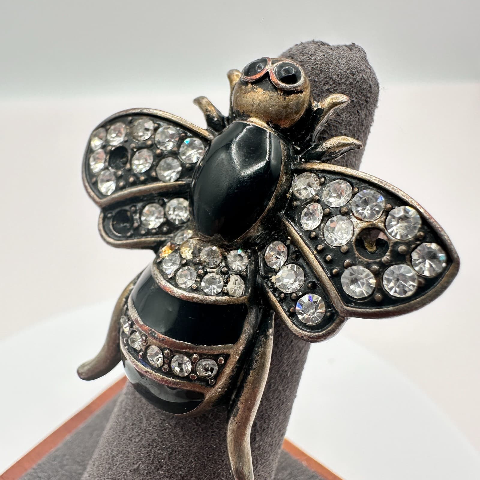 Vintage 80s Crystal Rhinestone Enamel Bee Insect Statement Ring Fashion Jewelry - Thumbnail 5