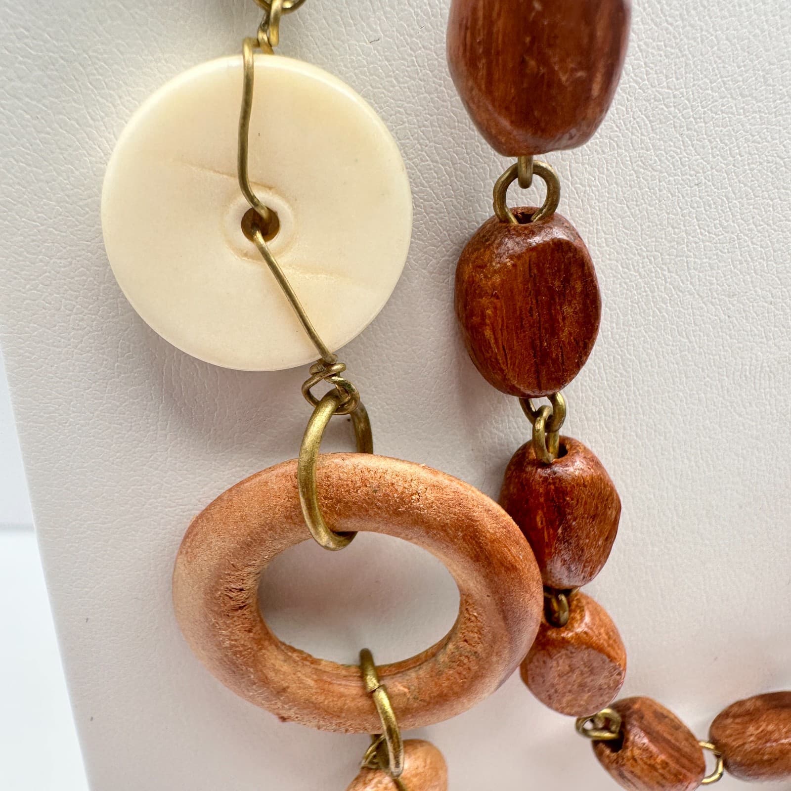 Vintage 90s Boho Double Strand Wooden Beaded Necklace Women's Classic Jewelry - Thumbnail 2