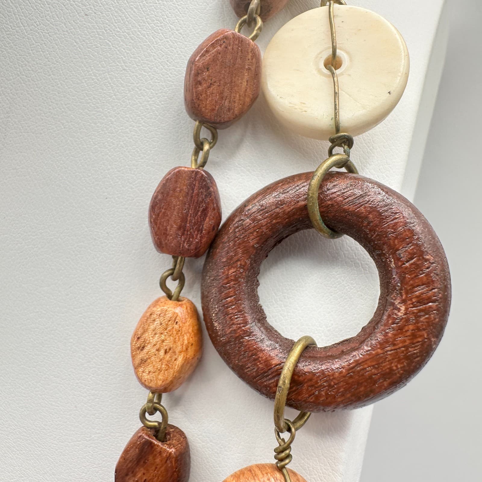 Vintage 90s Boho Double Strand Wooden Beaded Necklace Women's Classic Jewelry - Thumbnail 4