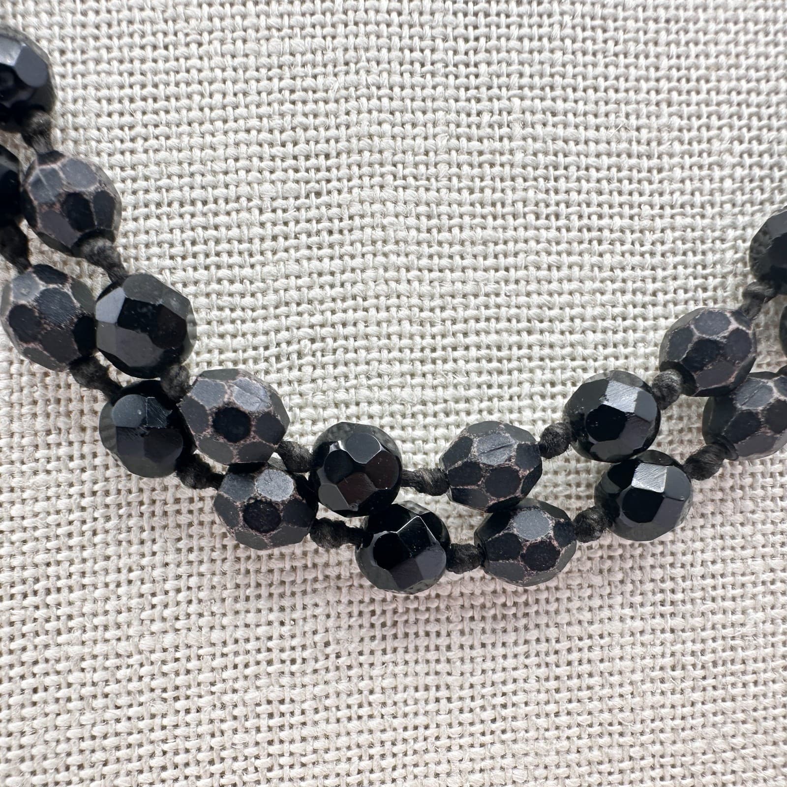 Vintage 90s Jet Black Faceted Beaded Double Strand Rope Necklace Boho Jewelry - Thumbnail 6
