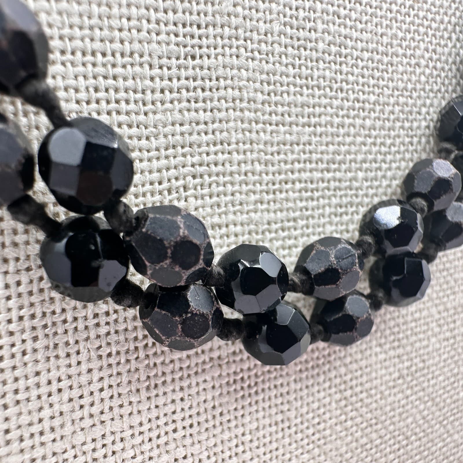 Vintage 90s Jet Black Faceted Beaded Double Strand Rope Necklace Boho Jewelry - Thumbnail 5