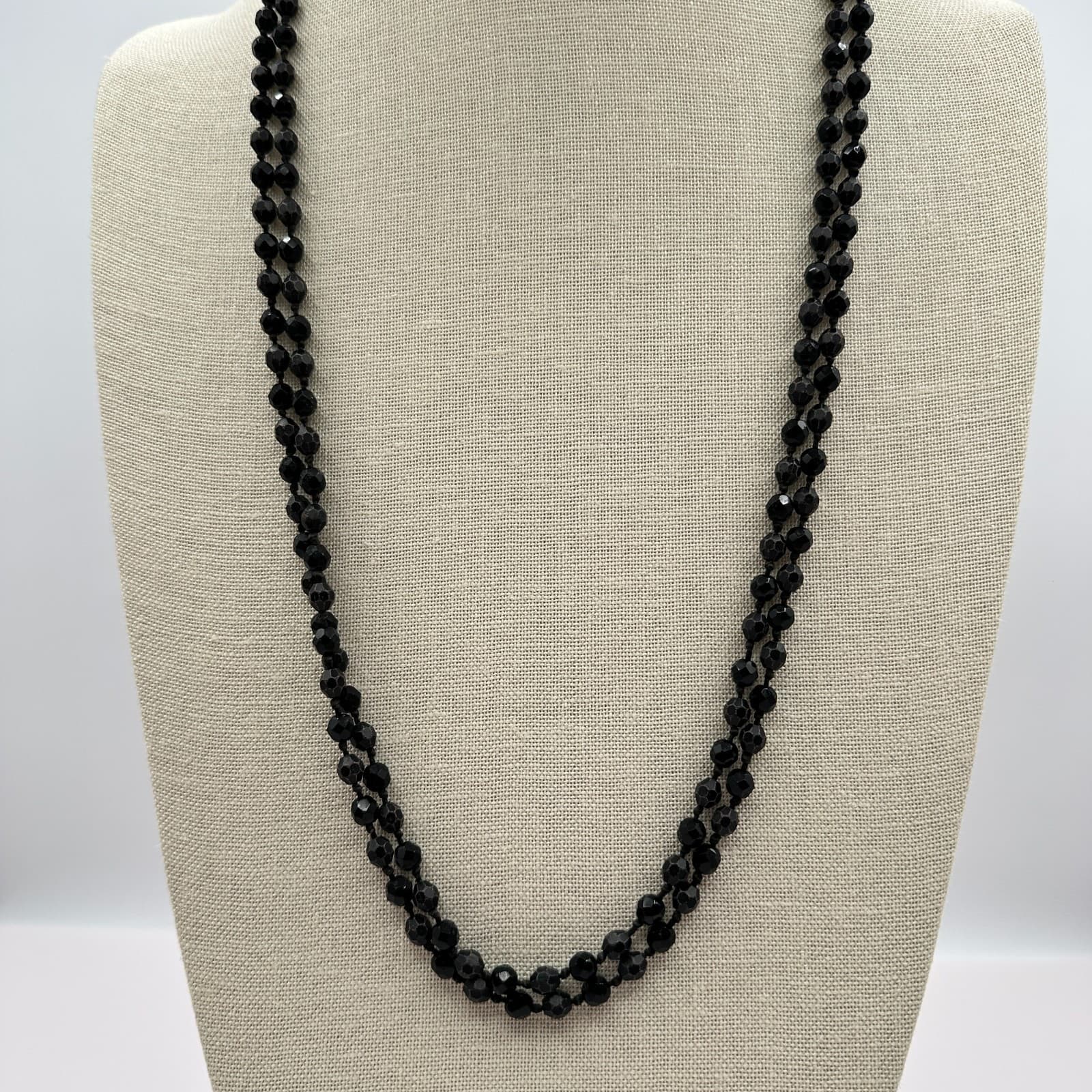 Vintage 90s Jet Black Faceted Beaded Double Strand Rope Necklace Boho Jewelry - Thumbnail 2
