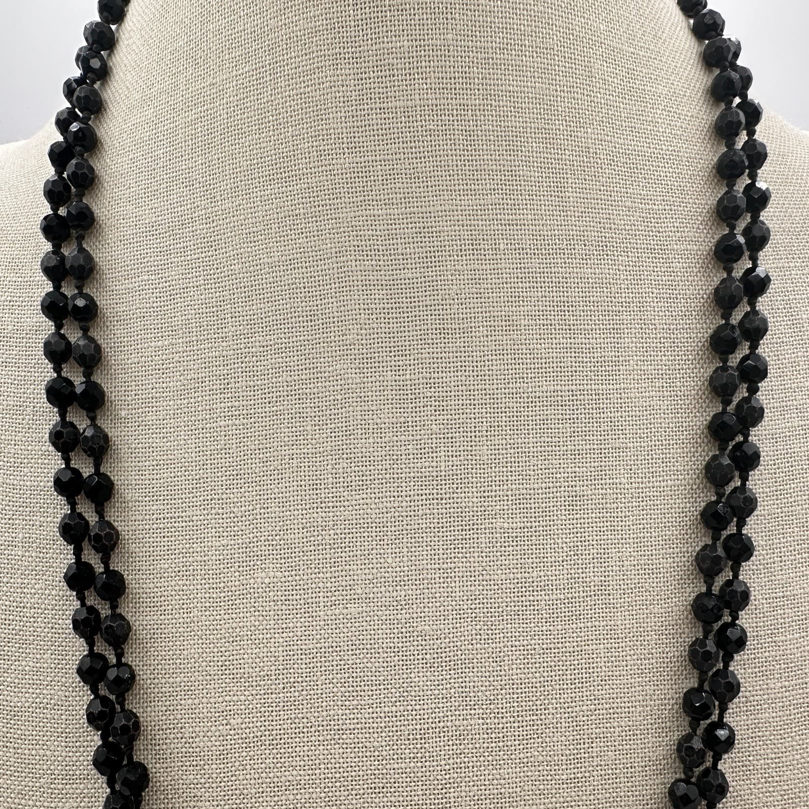 Vintage 90s Jet Black Faceted Beaded Double Strand Rope Necklace Boho Jewelry - Thumbnail 8