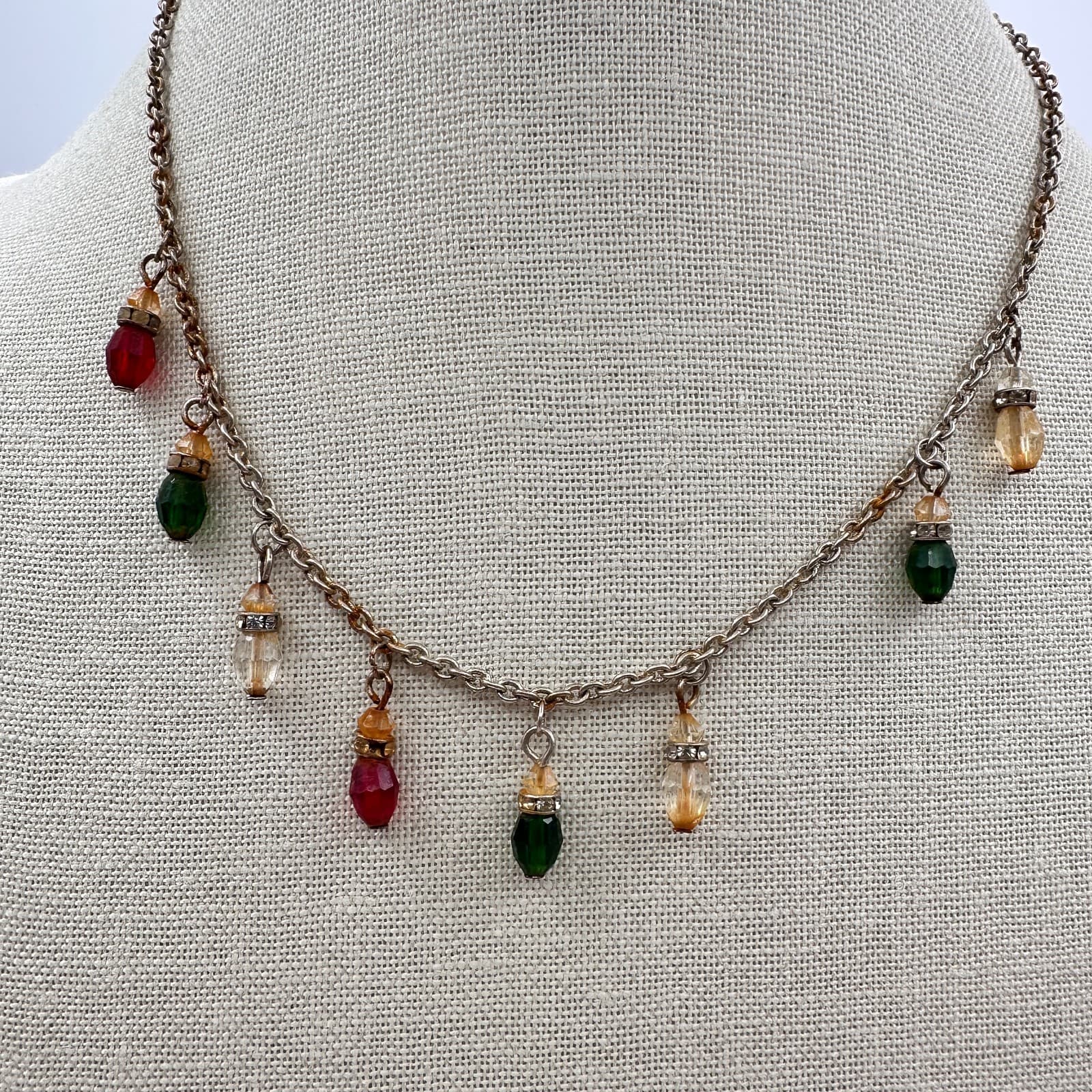 Vintage 90s Christmas Light Bulb Glass Charm Gold Tone Necklace Fashion Jewelry - Thumbnail 4