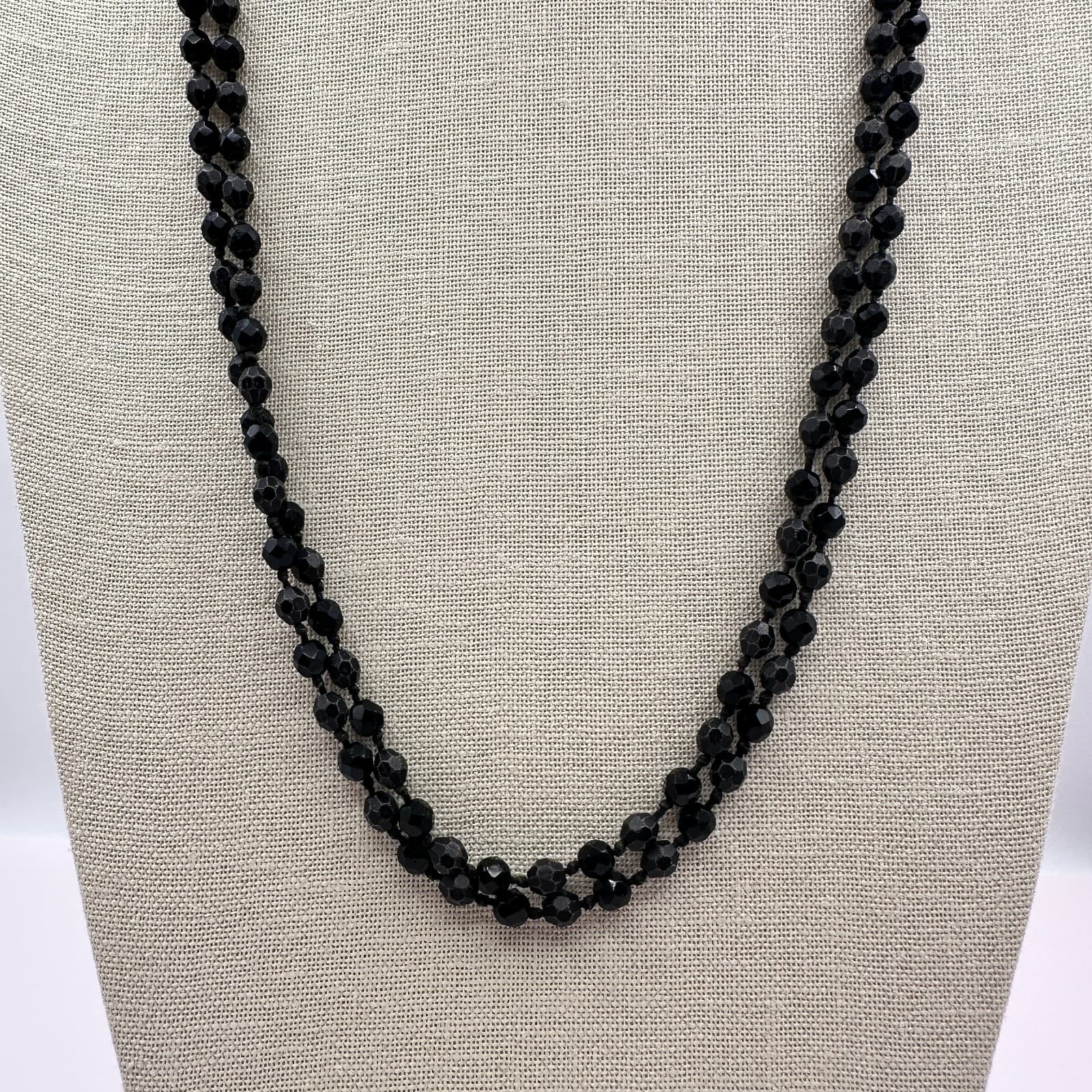 Vintage 90s Jet Black Faceted Beaded Double Strand Rope Necklace Boho Jewelry - Thumbnail 3