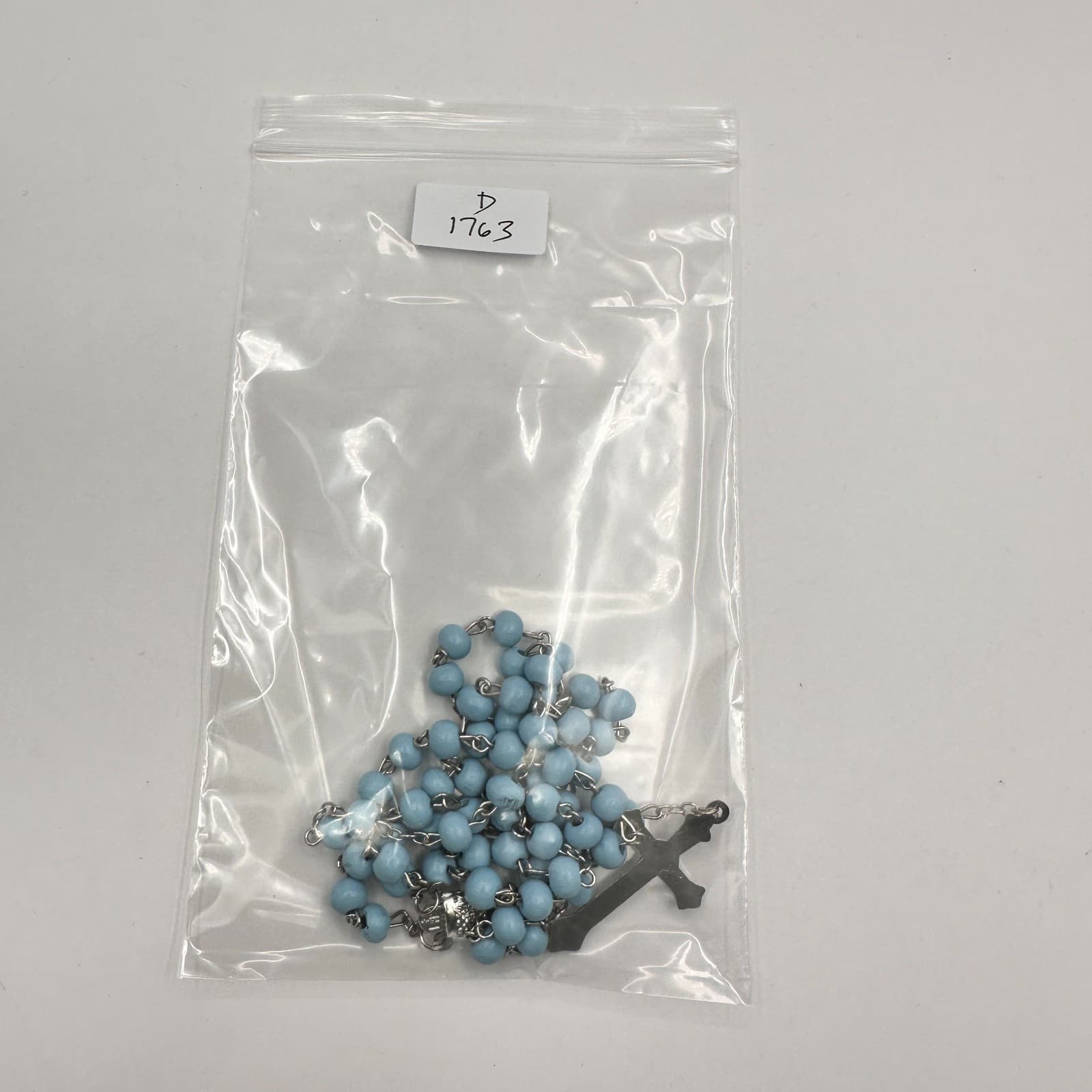 Vintage 90s Light Blue Beaded Crucifix Pendant Necklace Silver Tone Jewelry Y2K - Thumbnail 9