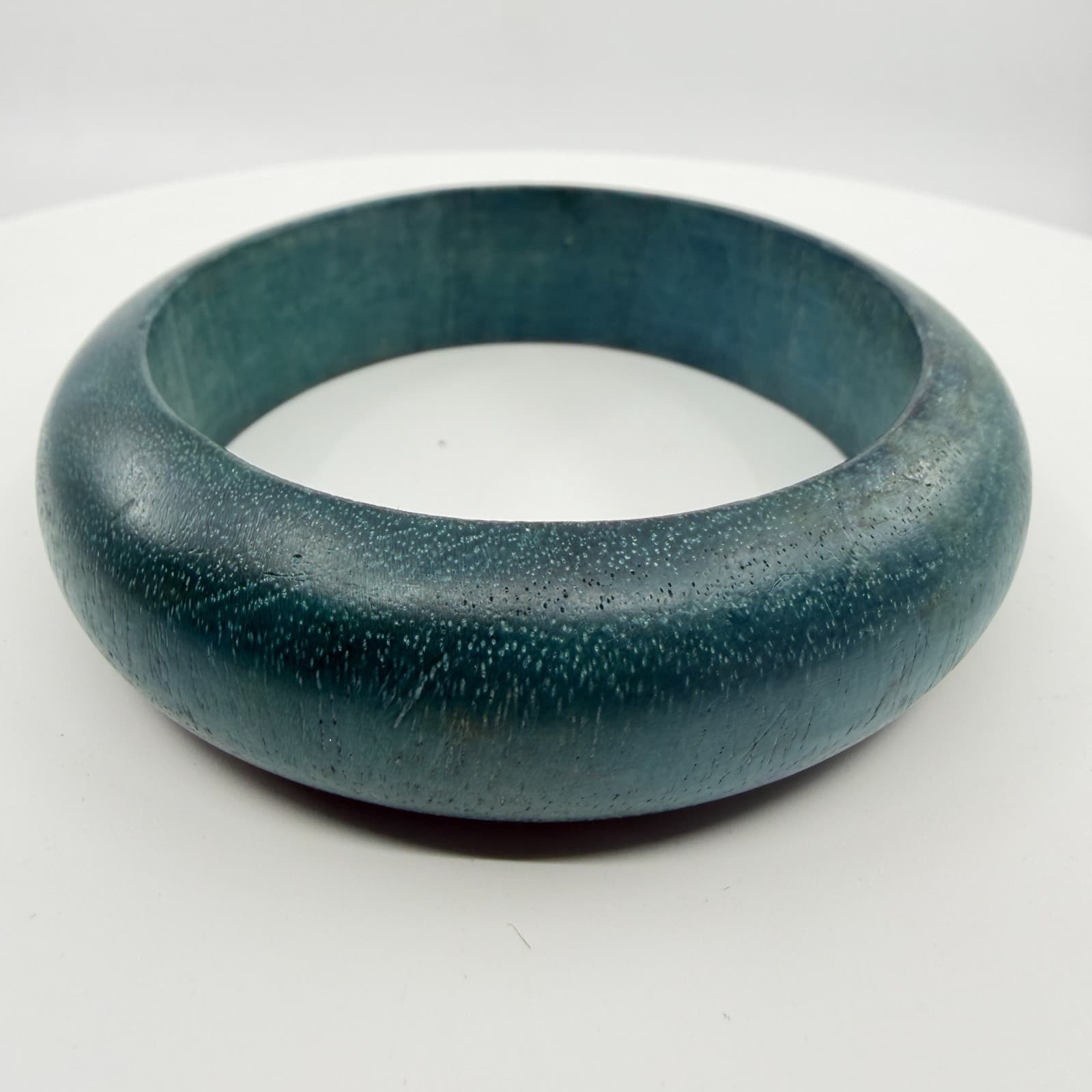 Teal Blue Wooden Bangle Bracelet Chunky Bohemian Minimalist Statement Jewelry - Thumbnail 2