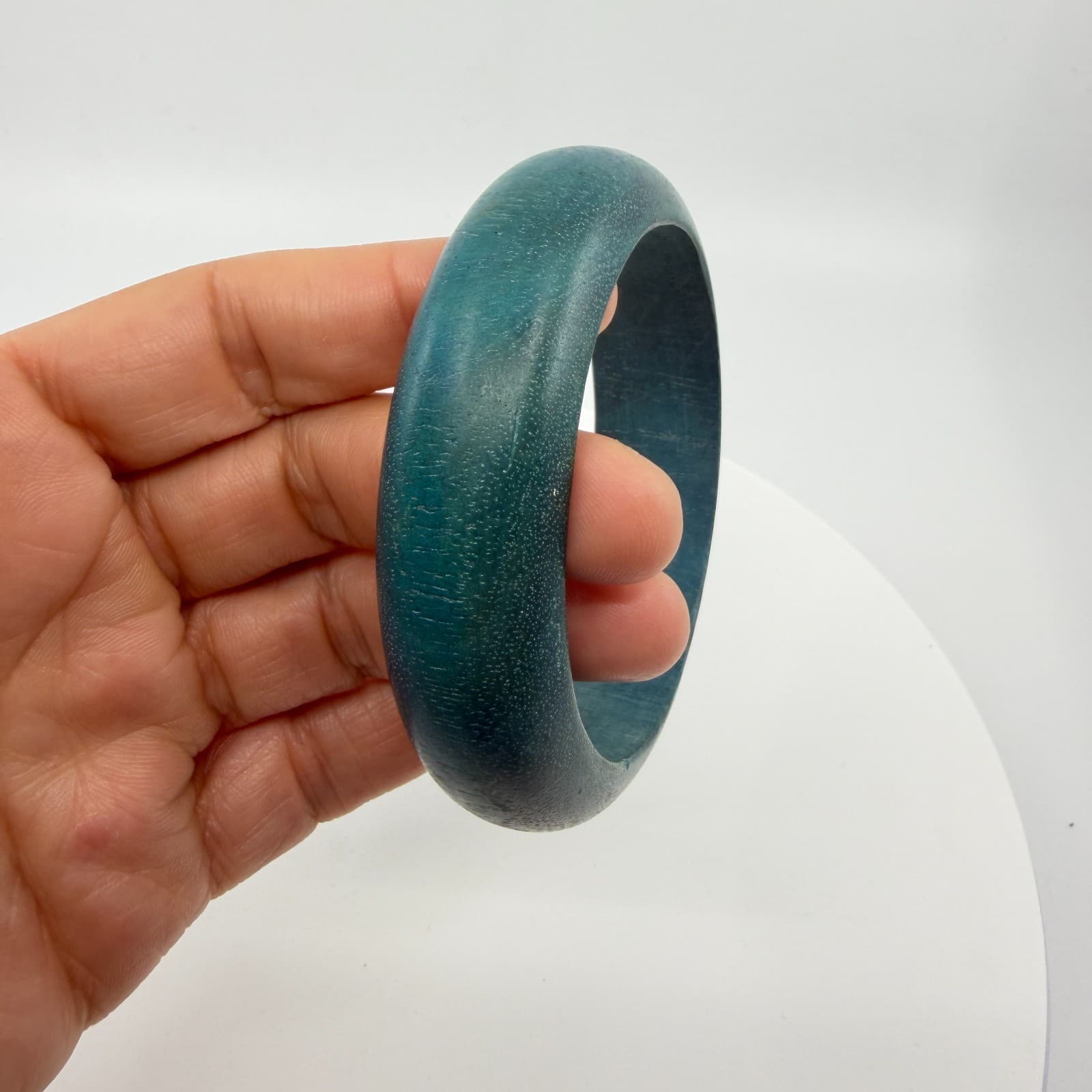 Teal Blue Wooden Bangle Bracelet Chunky Bohemian Minimalist Statement Jewelry - Thumbnail 7