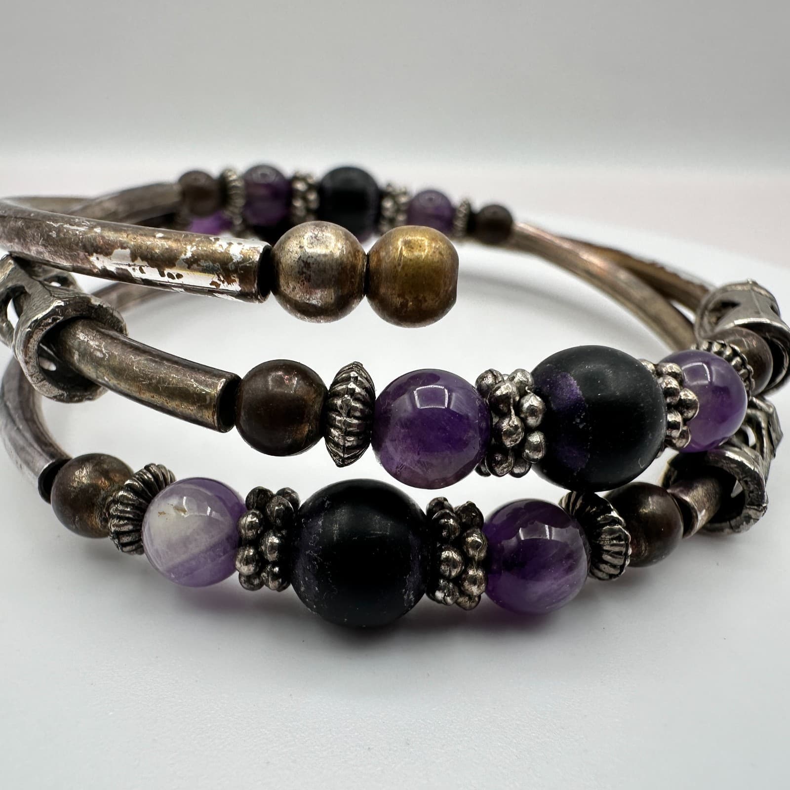 Vintage Silver Tone Purple Amethyst Color Coil Wrap Bracelet Cuff Stack Boho Y2K - Thumbnail 8