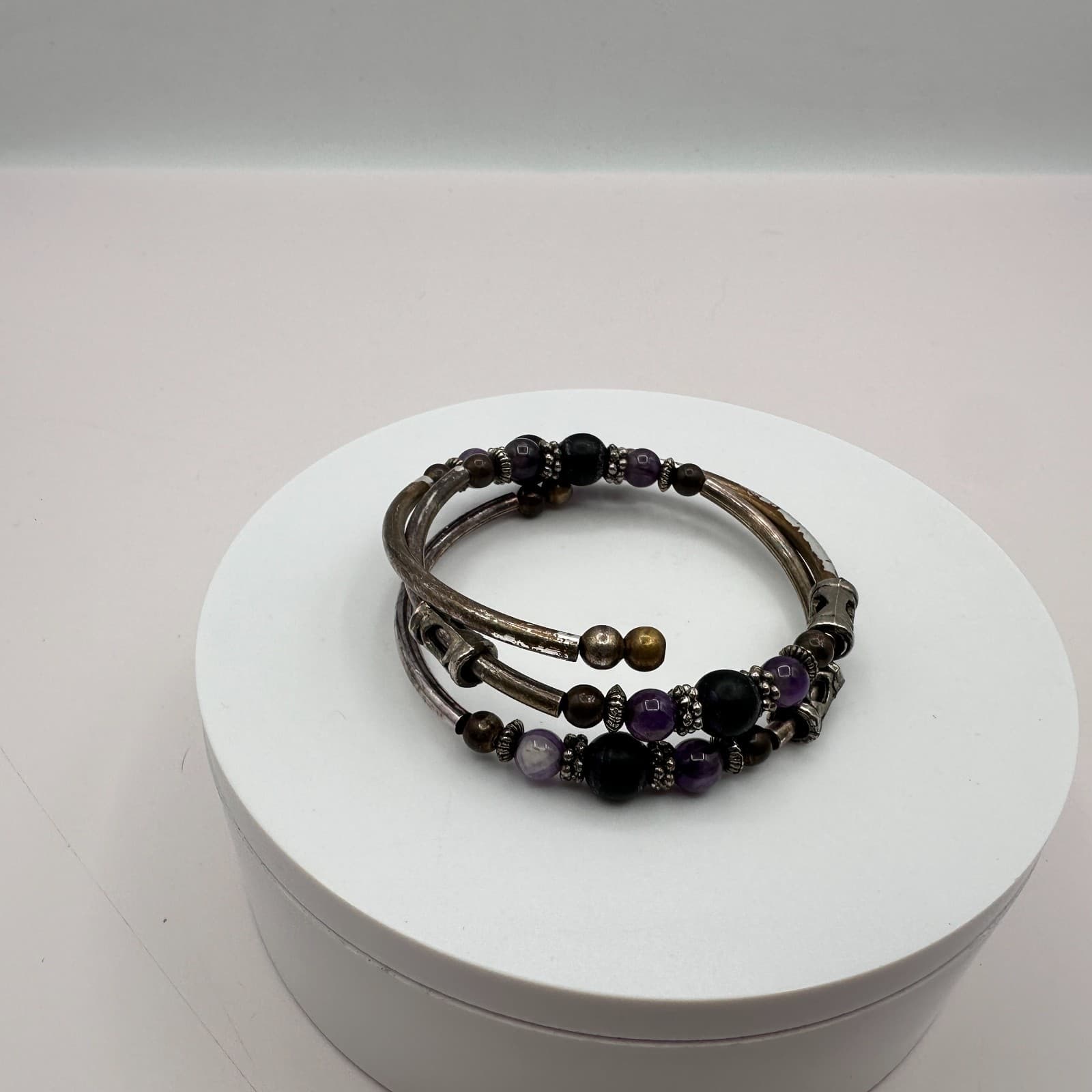 Vintage Silver Tone Purple Amethyst Color Coil Wrap Bracelet Cuff Stack Boho Y2K - Thumbnail 7